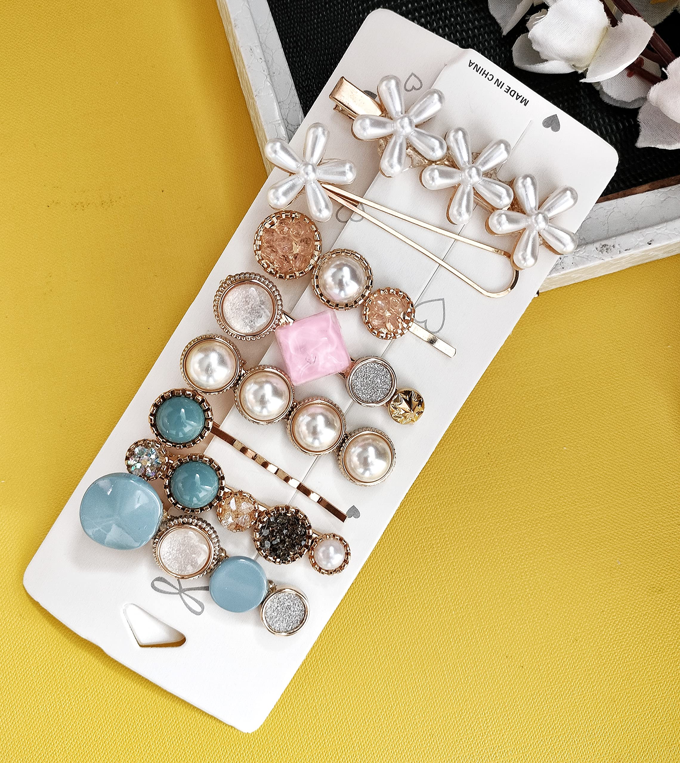 BellaStella Korean Hair Clips for Women & Girls - 12 Pack Stylish Floral Hairpins with Multi-Design - Blue Hair Accessories for School, Work, Party & Everyday Use