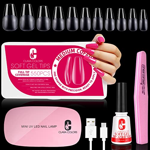 550pcs Soft Gel Full Cover Nail Tips & Glue Kit with LED Nail Lamp - Medium Coffin Artificial False Nails for Acrylic Extensions - Perfect for Home Manicures, Salon Use & DIY Nail Art