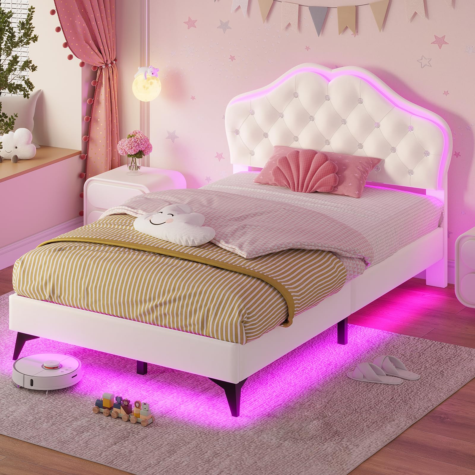 ADORNEVE Twin Bed Frame with RGB LED Lights & Adjustable Crystal Headboard - Velvet Upholstered Platform Bed for Girls with Solid Wood Slats - Easy Assembly Cream White - Perfect for Princess Themed Bedrooms & Teen Girls' Sleepovers
