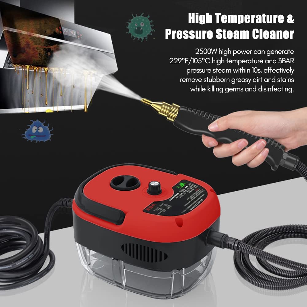 2500W Portable Handheld Steam Cleaner - High Temperature Pressurized Steam Cleaning Machine with 5 Brush Attachments for Kitchen, Bathroom, Car, Floors & Furniture | Multi-Surface Deep Cleaning for Grease, Grime & Stains | Red (Ideal for Home, Office & Auto Detailing)
