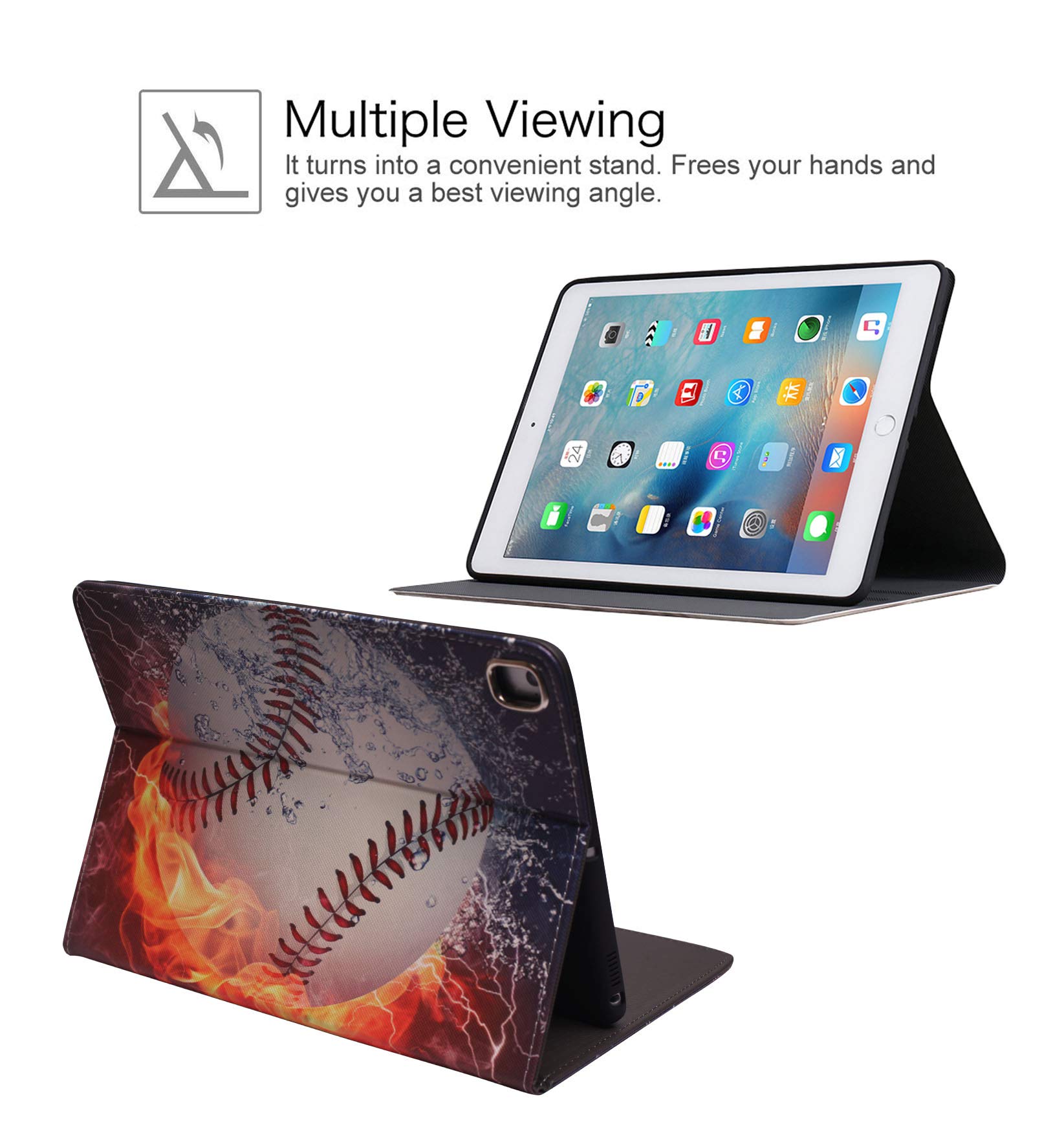 Premium Leather iPad Case for iPad 9.7 (2017/2018), iPad Air 2, iPad Air & iPad Pro 9.7 - Protective Smart Cover with Auto Wake/Sleep & Adjustable Stand - Compatible with iPad 6th/5th Generation - Burning Baseball Fire and Water Design - Perfect for Work, Travel & Home Entertainment