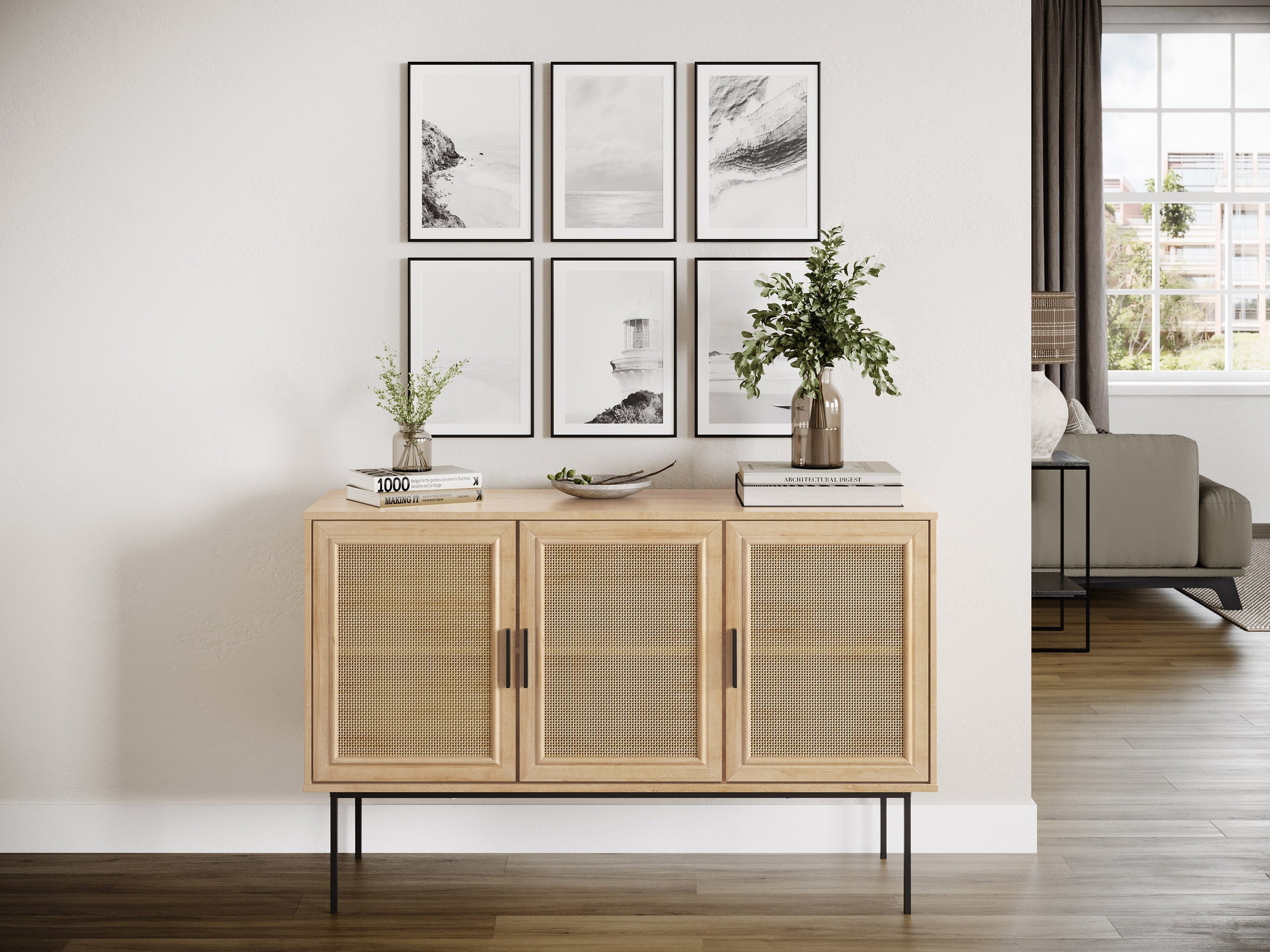 Light Brown Wood Sideboard Buffet Cabinet - Rustic Farmhouse Dining Room Storage Furniture for Home Decor & Entertaining