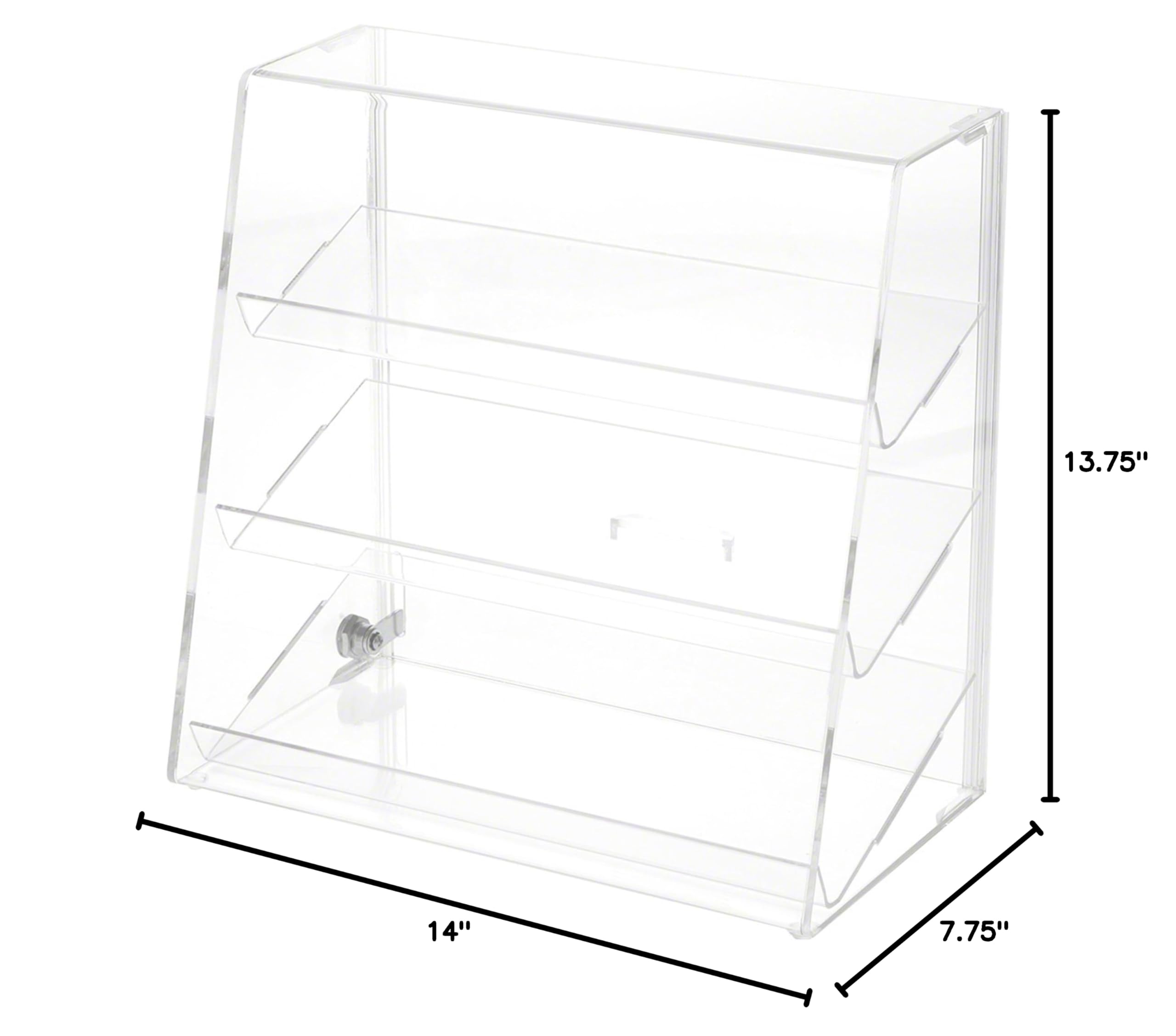 **Plymor Clear Acrylic Locking Display Case with Slanted Front & Sliding Back - 3 Angled Shelves - 13.75