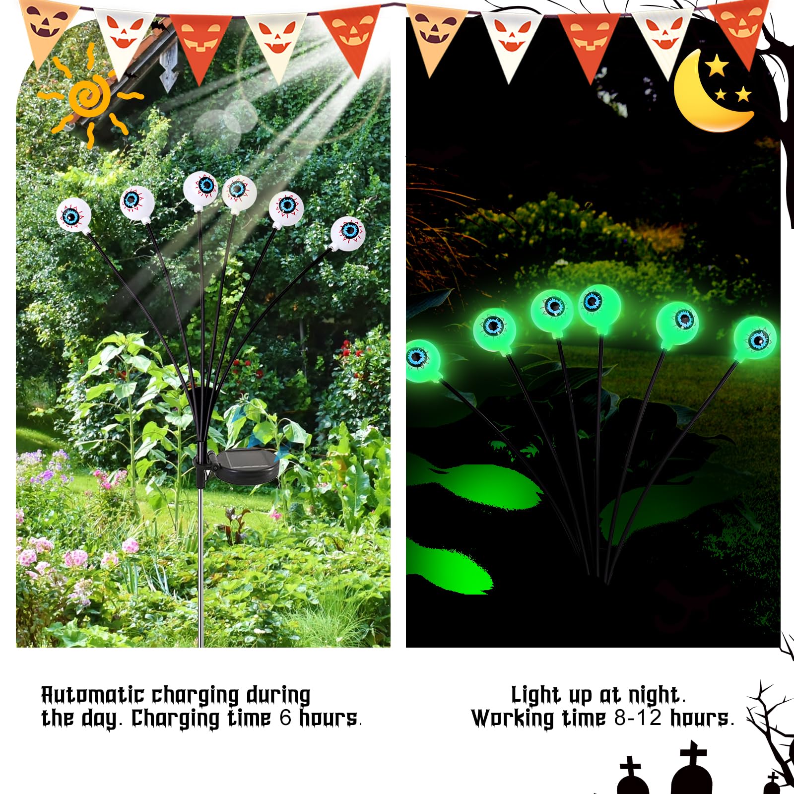 YBB 2 Pack Halloween Solar Eyeball Stake Lights - 12 LED Waterproof Swaying Scary Pathway Lights for Outdoor Garden, Yard & Lawn Decor | Perfect for Halloween Party, Haunted House & Spooky Pathway Lighting