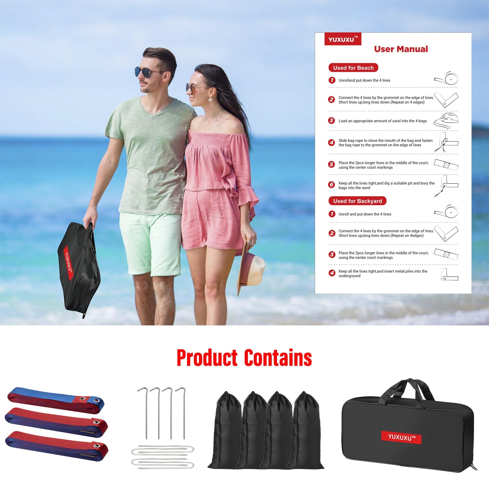 Professional Beach Volleyball Boundary Lines - 2 Inch Wide, High Visibility All-Weather Sand Court Markers with Stainless Steel Anchors & Sand Bags (Official 30'x60' & Short 26.3'x52.6' Court Sizes) - Perfect for Backyard Games, Tournaments & Beach Sports Training
