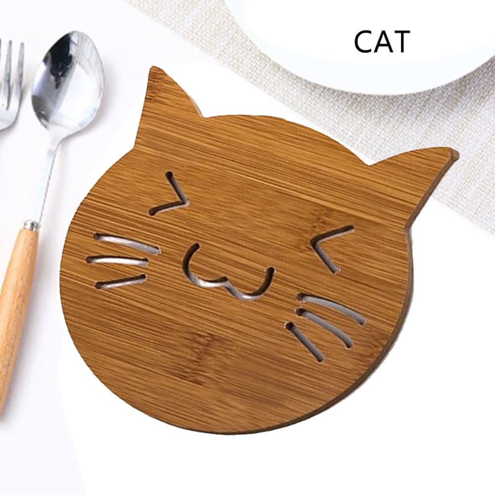 Eco-Friendly Bamboo Wooden Coasters Set of 2 - Absorbent Drink Coasters for Mugs, Cups & Glasses - Cat Design Home Decor for Kitchen, Dining Table & Office Use