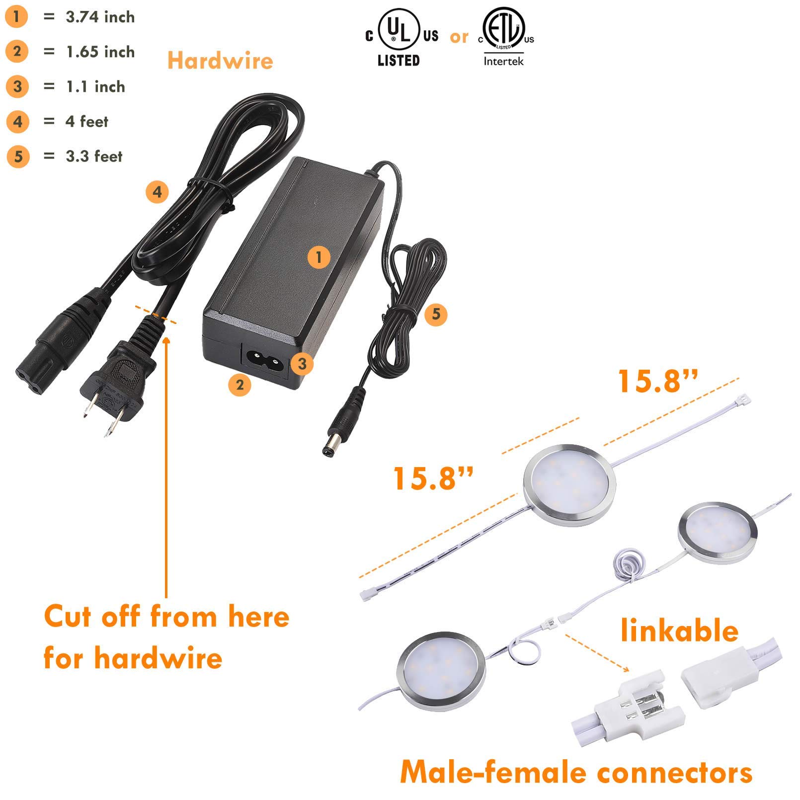 Under Cabinet LED Lighting Kit - Dimmable Wireless RF Remote Control, Linkable Wired Puck Lights (14 or 10 Lights) - Warm White 3000K, AC120V to DC12V, Hardwired or Plug-in - Perfect for Kitchen, Closet, Shelf, and Cabinet Illumination