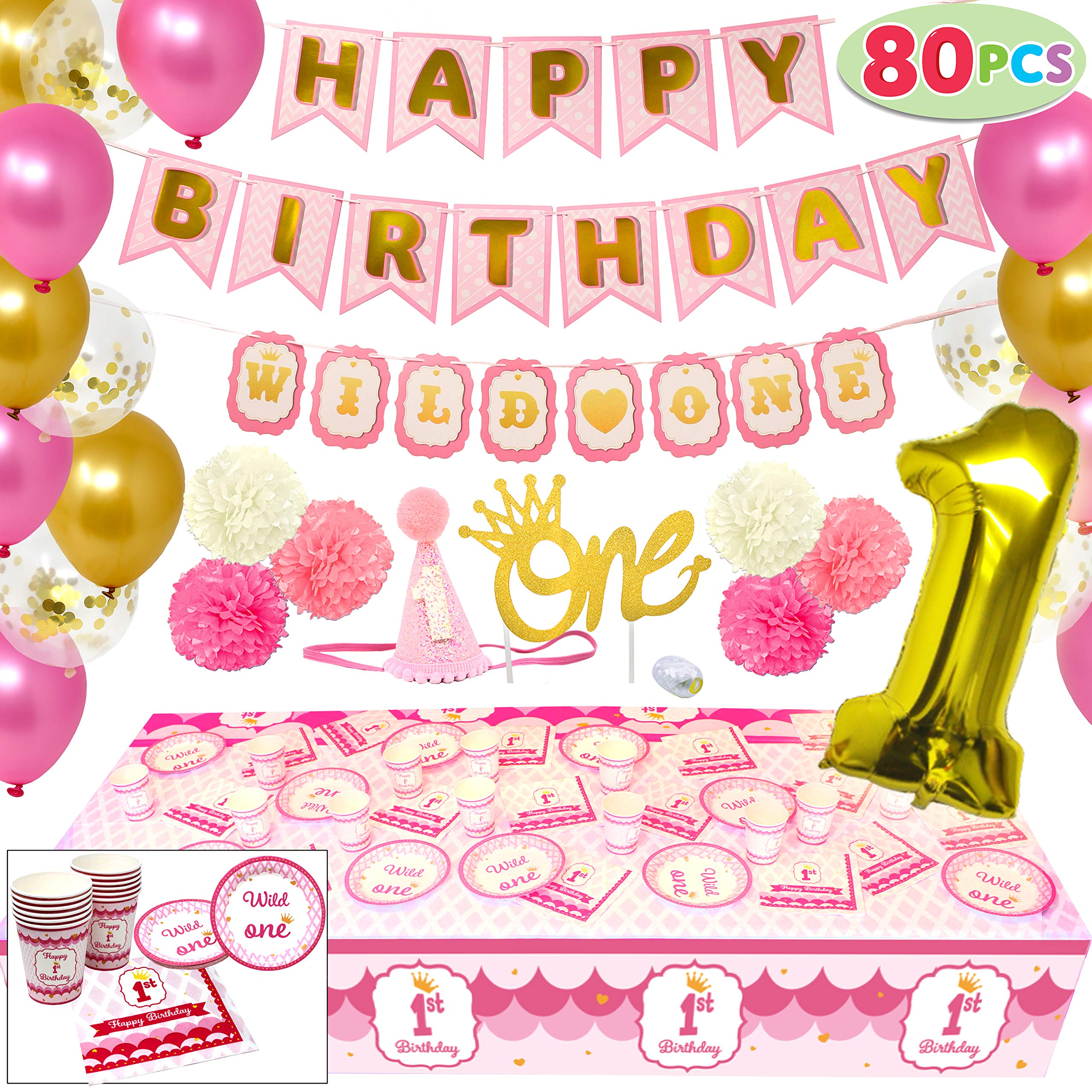 JOYIN 1st Birthday Party Decorations Kit for Girls - Includes Happy Banner, Cake Topper, Foil Balloons, Confetti, Tableware & More - Perfect for Baby's First Birthday Celebration & Photo Shoots