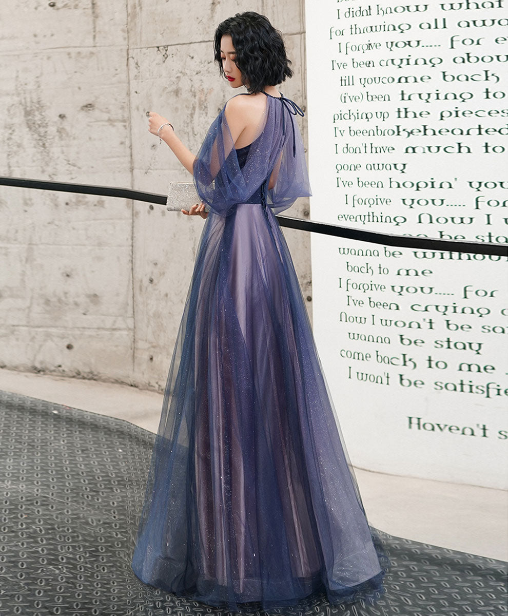 Elegant Blue Tulle Sequin Long Prom Dress for Women - Sparkling Evening Gown for Homecoming, Ball, and Formal Events