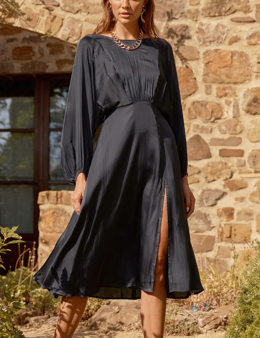Elegant Fall Satin Ruched Slit Dress for Women 2023 - Batwing Long Sleeve Midi Silk Dress with V-Cut Back, A-Line Formal Wedding Guest Dress | Perfect for Evening Parties, Cocktail Events & Special Occasions