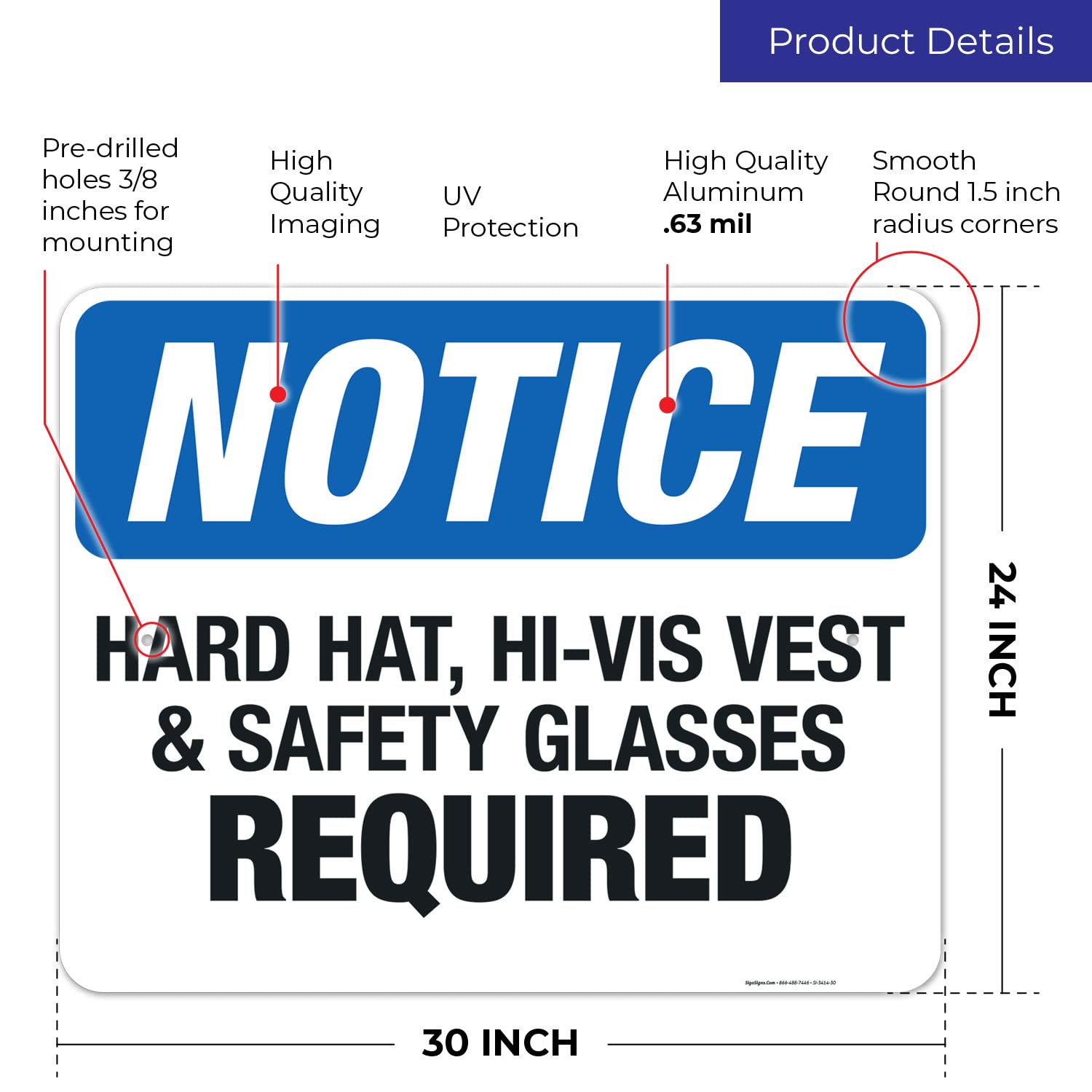 OSHA Compliant Hard Hat Hi-Vis Vest & Safety Glasses Required Sign - 24x30 Inches Rust-Free .063 Aluminum - Fade Resistant for Indoor/Outdoor Use - Made in USA - Perfect for Construction Sites, Warehouses & Industrial Facilities