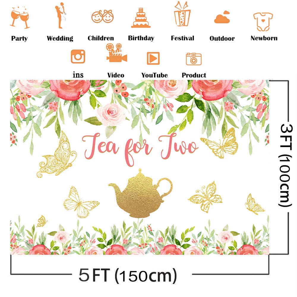 Floral Tea Party Backdrop - Avezano Tea for Two Birthday Photo Background with Spring Butterfly Flowers, 5x3ft - Perfect for Baby Showers, Bridal Showers & Garden Party Decorations