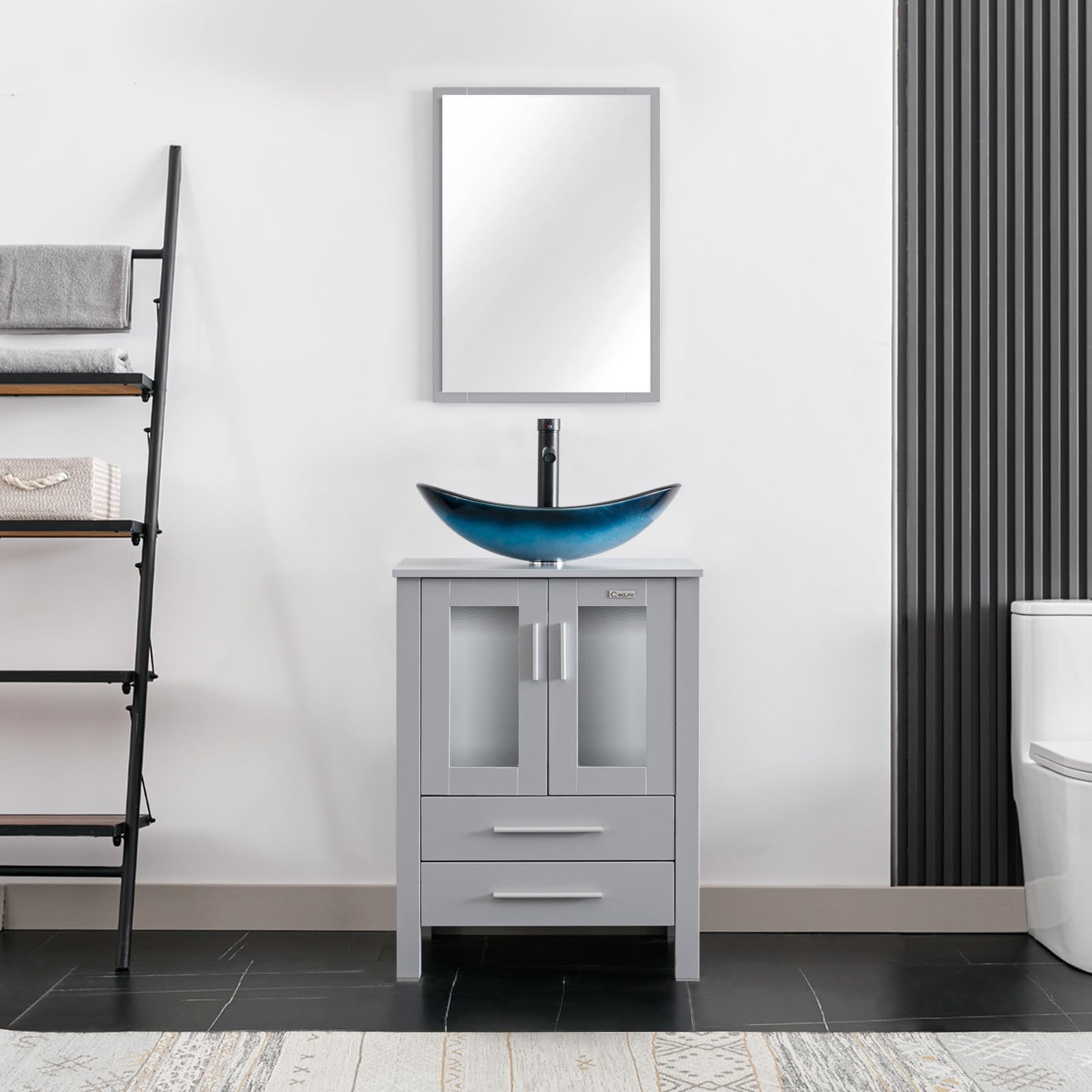 Eclife 24 Inch Modern Bathroom Vanity Set with Gray Stand Cabinet, Blue Boat Glass Vessel Sink, Water-Saving Faucet & Pop-Up Drain - Perfect for Small Bathrooms, Powder Rooms & Guest Baths (A29BU)