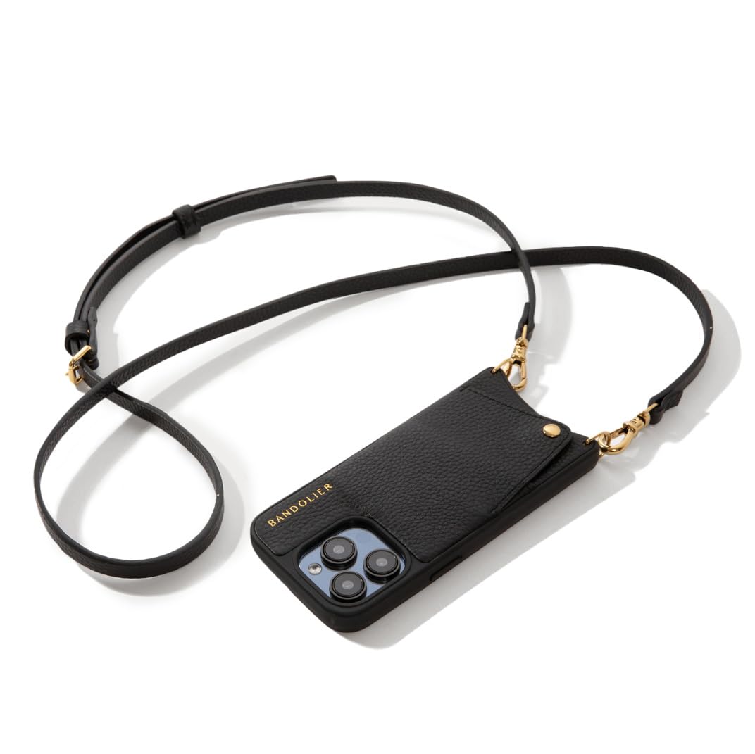 Emma Crossbody Wallet Phone Case for iPhone 14 Pro - 100% Genuine Pebble Leather with Adjustable Strap & Card Holder | Black & Gold | Perfect for Hands-Free Shopping, Travel & Everyday Use