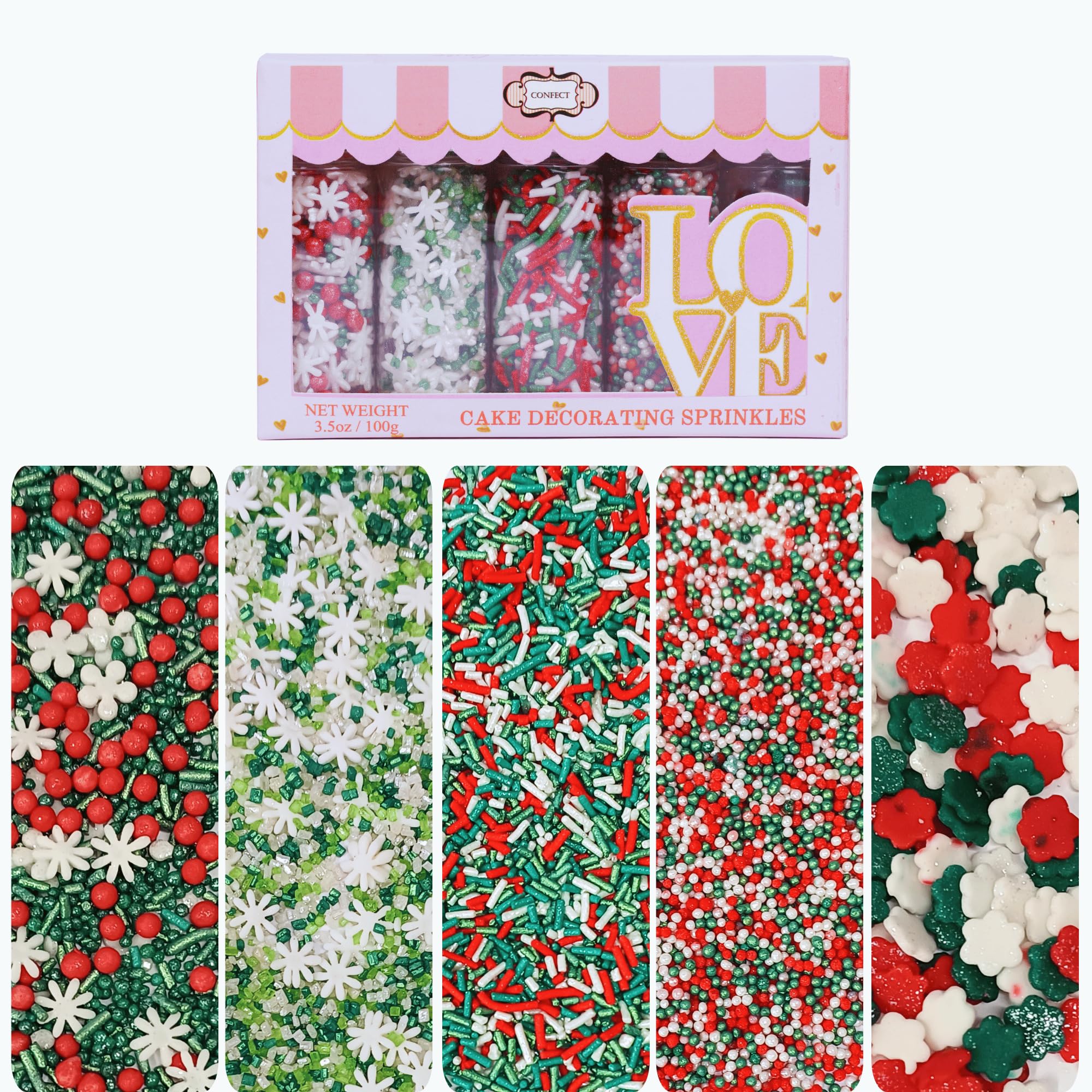 Christmas Sprinkles for Baking - Red Green White Snowflake Confetti Pearls & Sparkling Sugar Decorations | Holiday Cookies, Cupcakes, Cakes & Dessert Decorating