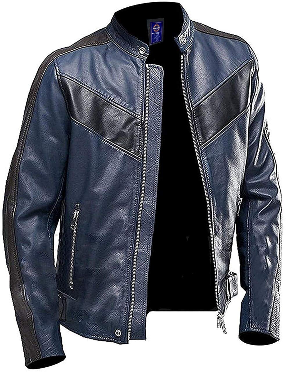 Men's Genuine Goat Skin Leather Jacket - Navy Blue Café Racer Biker Jacket for Motorcycle Riding & Fashion | ASNZ-72190995 | Perfect for Casual Wear, Motorcycle Riding & Night Out