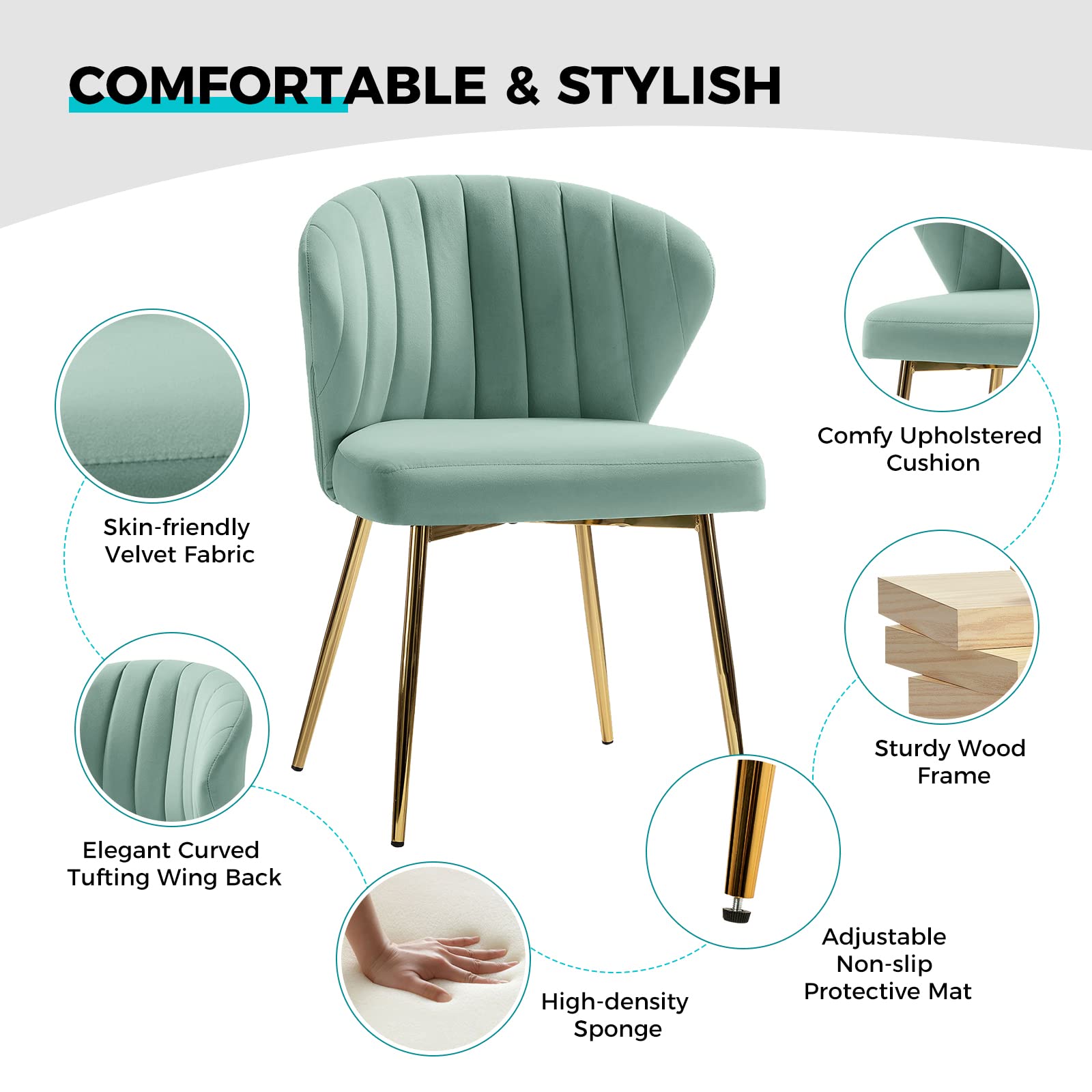 TINA'S HOME Modern Velvet Dining Chairs - Small Accent Chair with Golden Metal Legs, Tufted Back Upholstered Side Chair for Living Room, Kitchen, Vanity, Patio & Beauty Salon - Sage Green