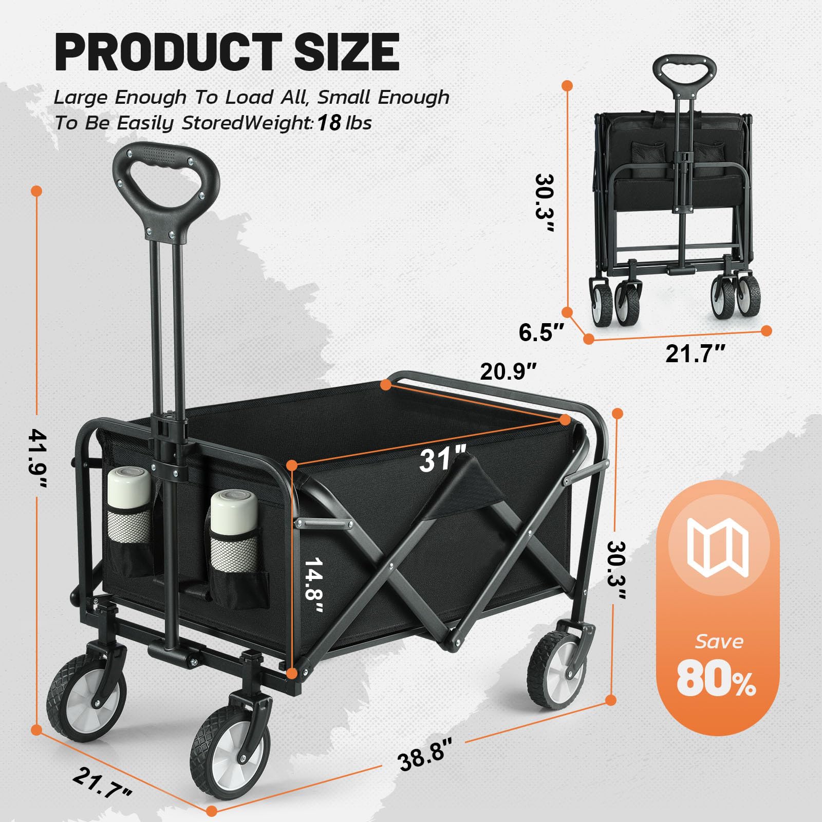 Foldable Utility Wagon Cart with Adjustable Handle - Heavy Duty Collapsible Grocery Cart on Wheels for Sports, Camping, Beach, Outdoor & Garden Use - Perfect for Shopping, Picnics, Tailgating and Family Outings (Black)