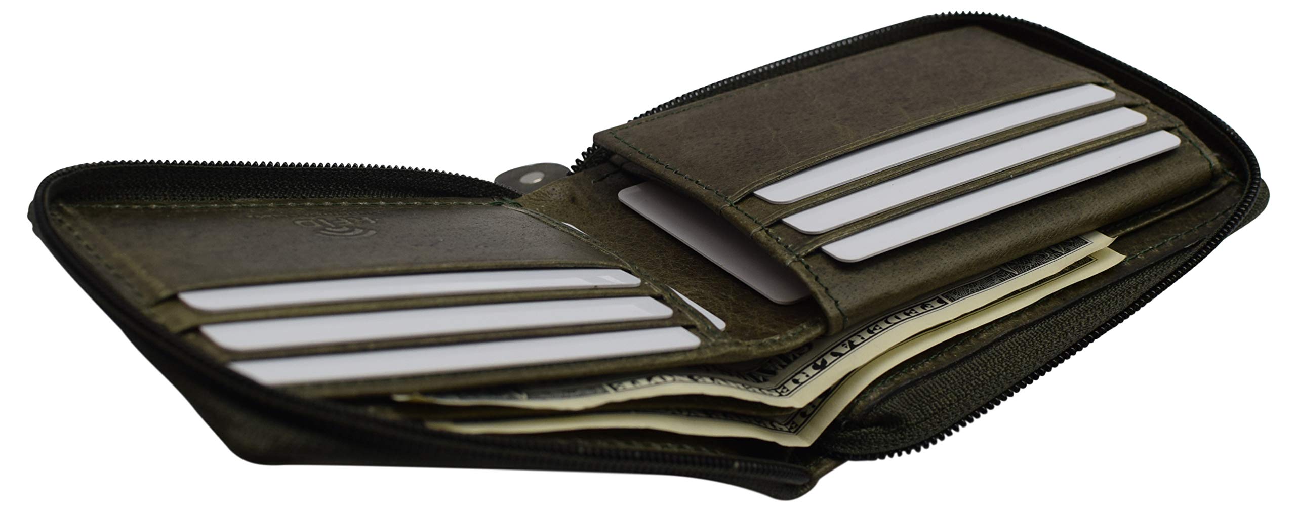Premium RFID Blocking Zipper Bifold Wallet for Men & Women - Genuine Leather with Gift Box (Green) - Ideal for Travel, Business & Everyday Use