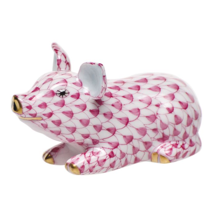 Herend Raspberry Little Pig Lying Porcelain Figurine - Hand-Painted Collectible Home Decor for Tabletop, Shelf Display & Gift Giving