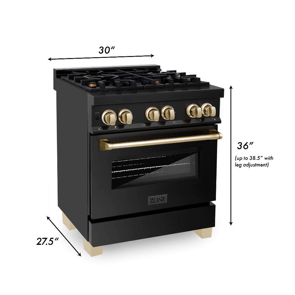 ZLINE Autograph Edition 30-inch Black Stainless Steel Kitchen Package - Dual Fuel Range, Range Hood, Dishwasher & Refrigerator with External Water Dispenser & Polished Gold Accents (4AKPR RABRHDWV30 G) | Premium Luxury Kitchen Appliances for Modern Homes & Gourmet Cooking