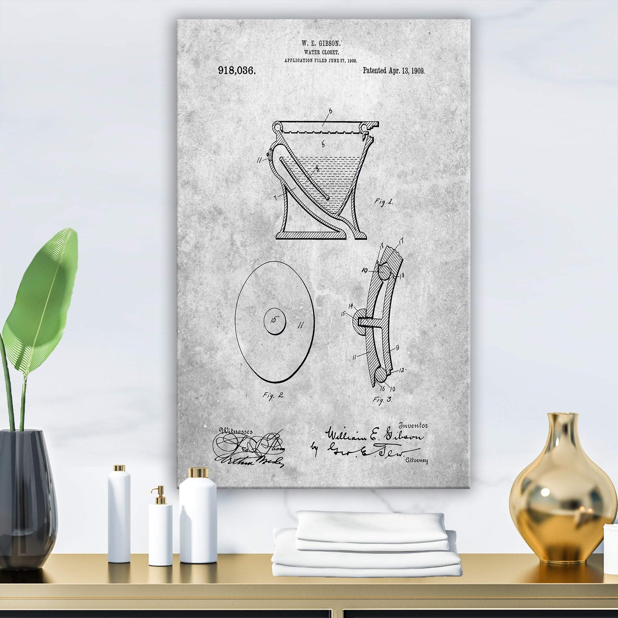 Vintage Siphoning Water Closet 1909 Patent Poster - Canvas Art Print | Retro Bathroom Decor, Toilet History Wall Art, Unique Home Office Decor
