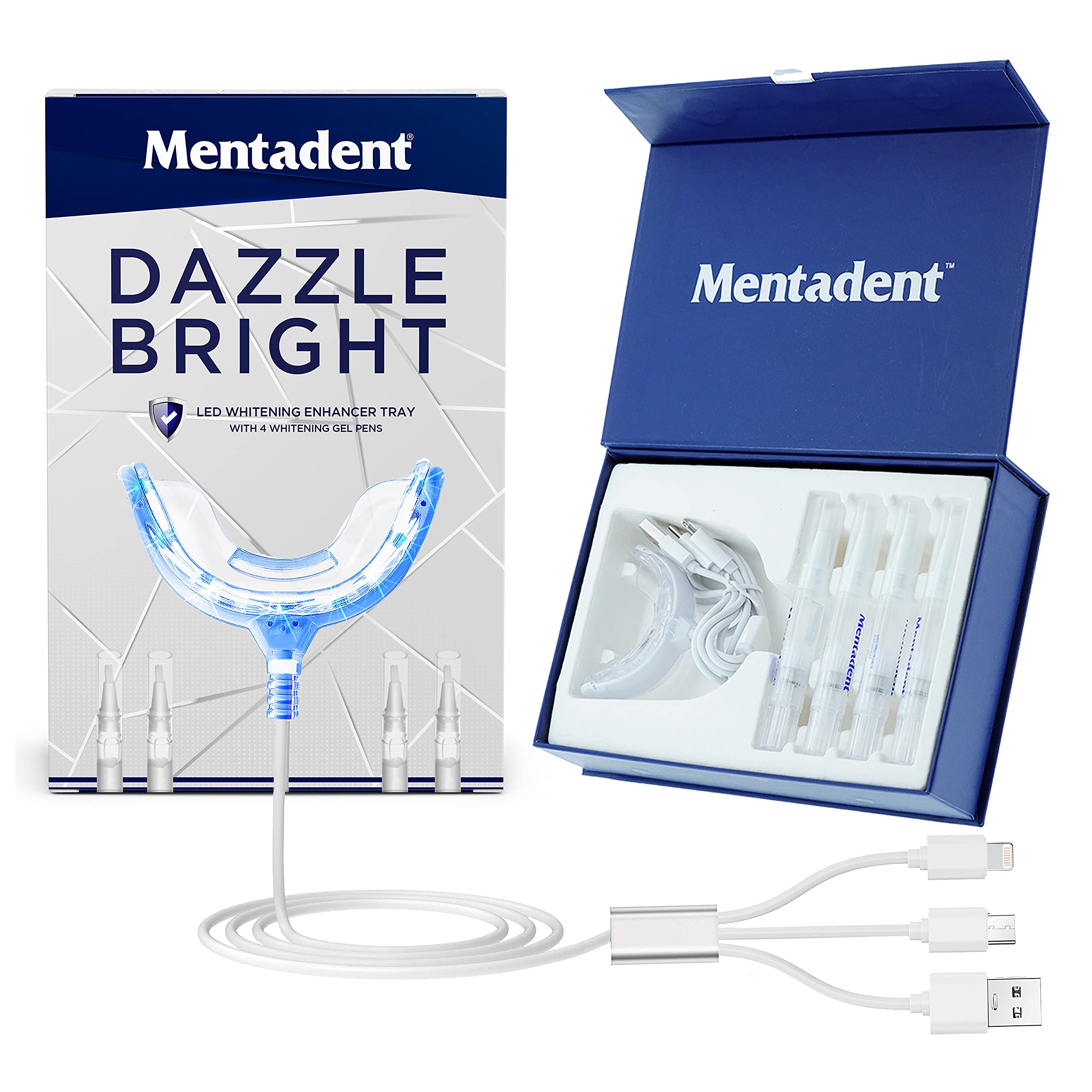 Mentadent Dazzle Bright Teeth Whitening Kit with 8X Blue LED Light & 4 Whitening Gel Pens - Professional Stain Removal for Coffee, Smoking, Wine - Perfect for Home Use & Travel Dental Care