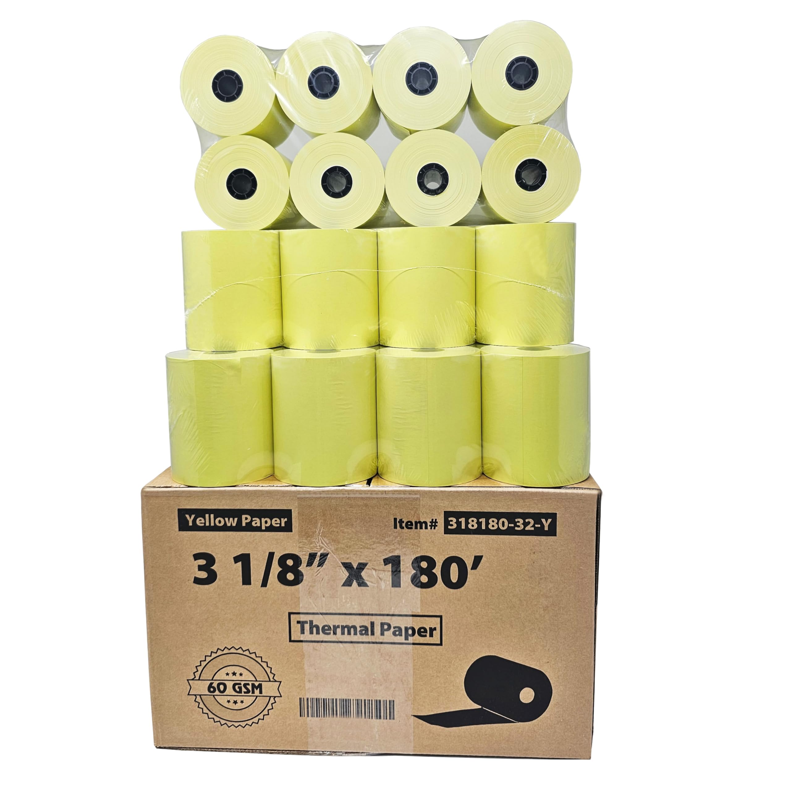 (32 Rolls) 3 1/8 x 180 Yellow Thermal Paper Receipt Rolls - 60 GSM Thick Paper - Compatible with Clover POS Cash Register Printers - Ideal for Retail Stores, Restaurants & Small Businesses