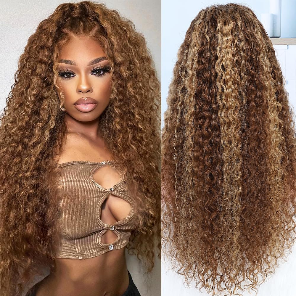 Azibo Honey Blonde HD Lace Front Wig 200% Density Human Hair - 26 Inch Water Wave Ombre 4/27 Highlight 13x5 Full Lace Wig Pre-Plucked for Natural Look | Perfect for Daily Wear, Cosplay, and Special Occasions