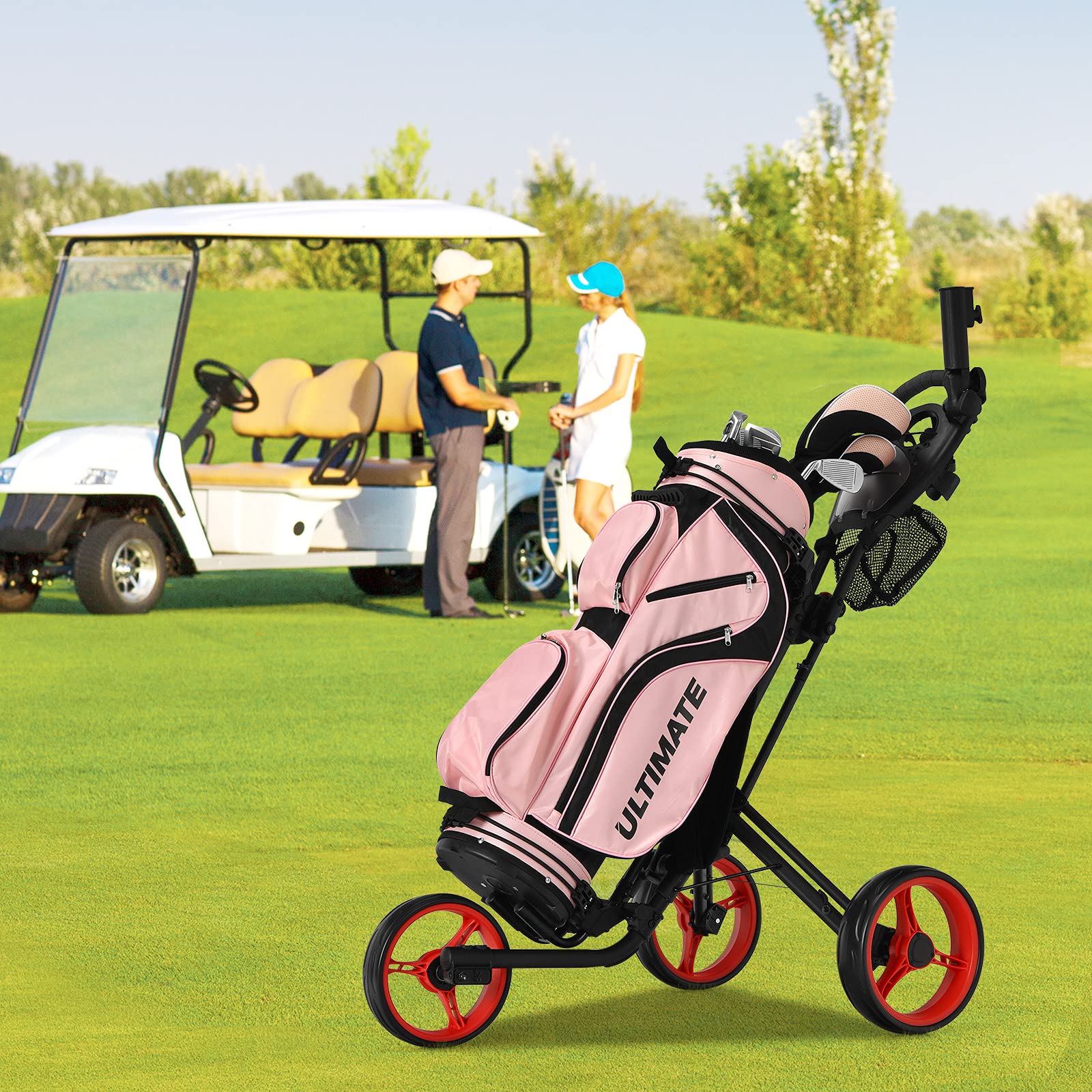 **Tangkula Lightweight Aluminum 3-Wheel Golf Push Pull Cart - Foldable Golf Trolley with Storage Bag, Beverage Holder & Foot Brake - Adjustable Umbrella Holder & 4 Height Positions - Perfect for Golf Courses & Outdoor Sports**