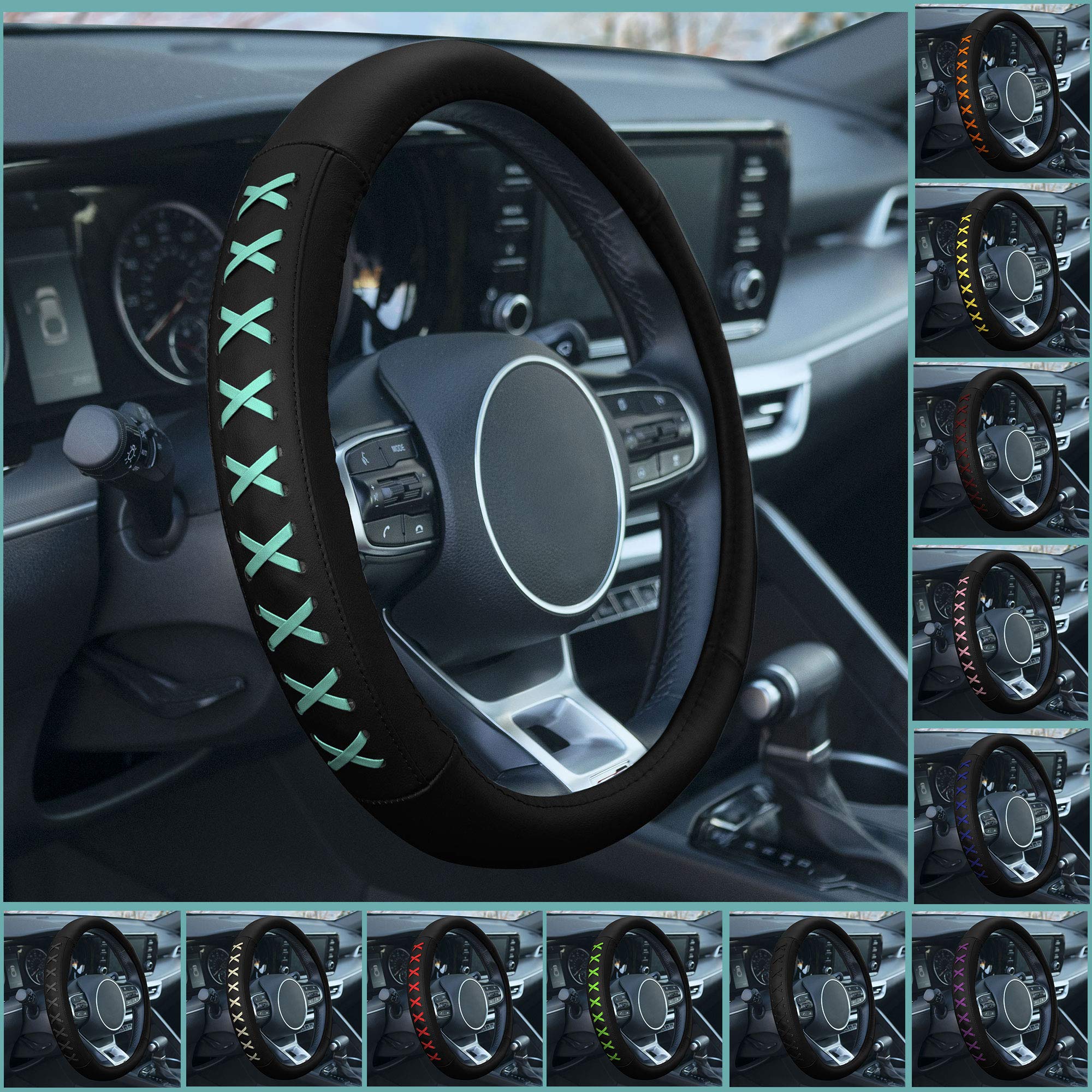 TLH Universal 15 Inch Genuine Leather Steering Wheel Cover - Green with Lace-Up Design | Non-Slip Grip for Cars, Trucks & SUVs | Perfect for Daily Commute & Road Trips