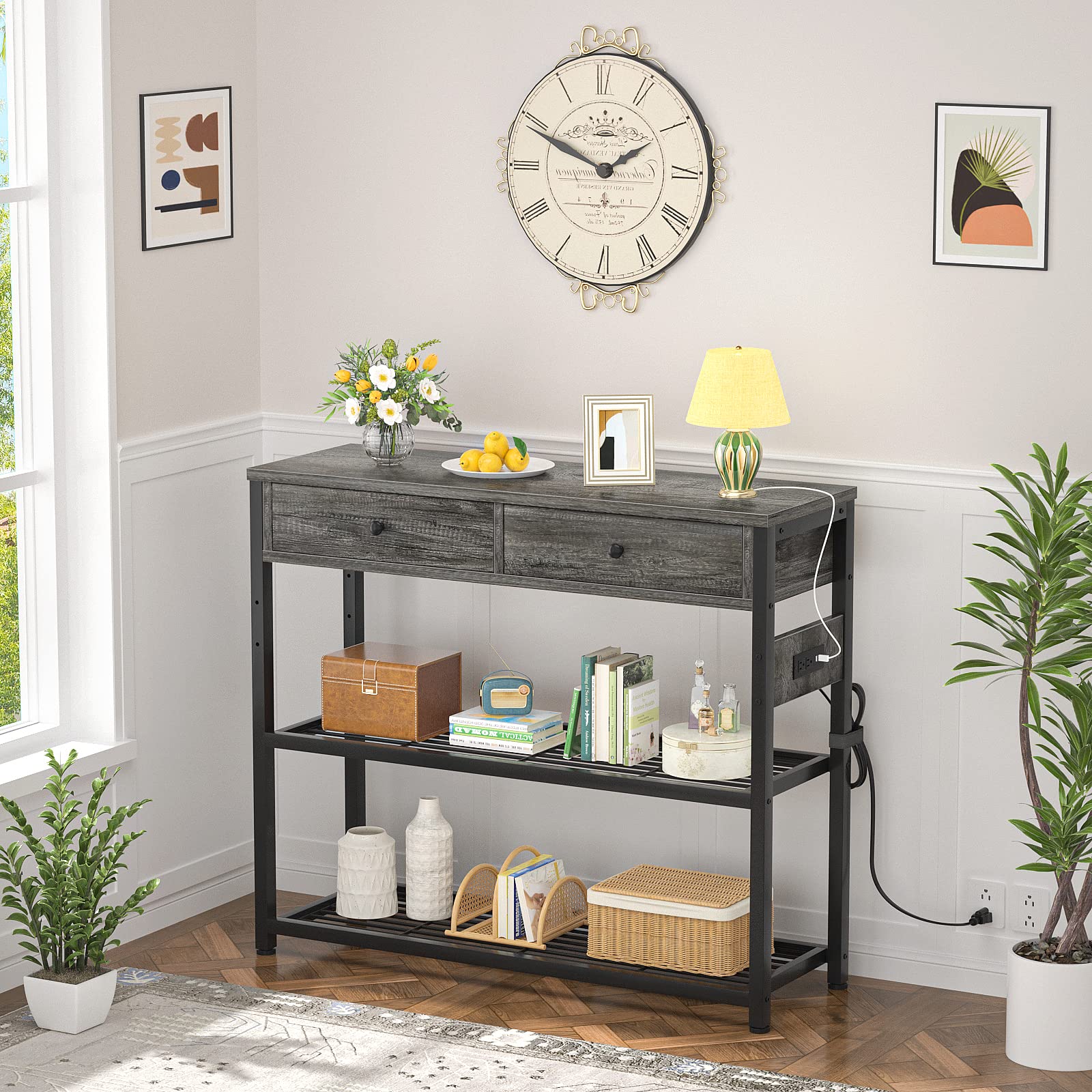 Grey Oak Console Table with Outlets & USB - 32