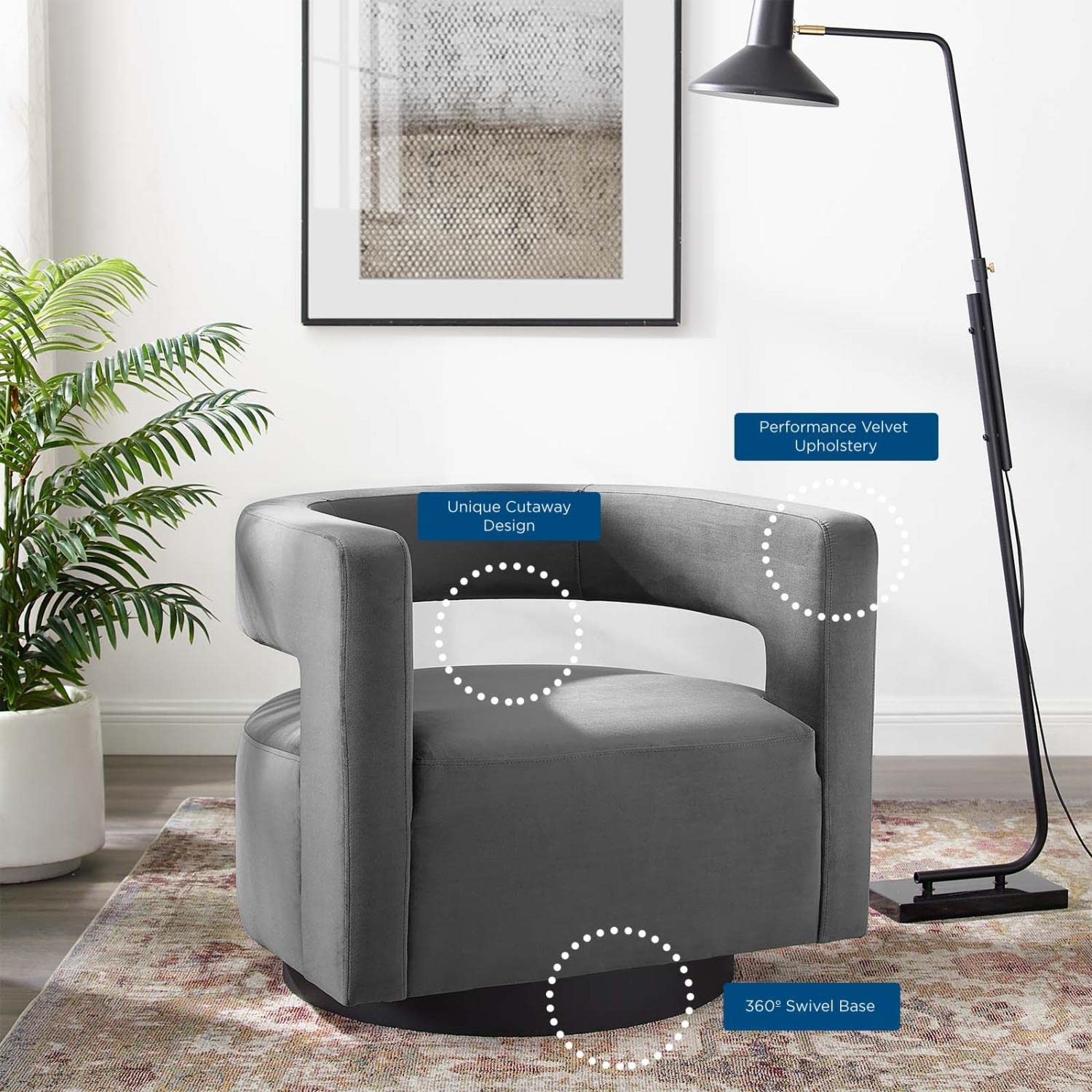 Modway Spin Modern Accent Armchair - Soft Gray Upholstered Lounge Chair for Living Room, Bedroom, or Office - Comfortable Swivel Chair with Padded Seat and Backrest
