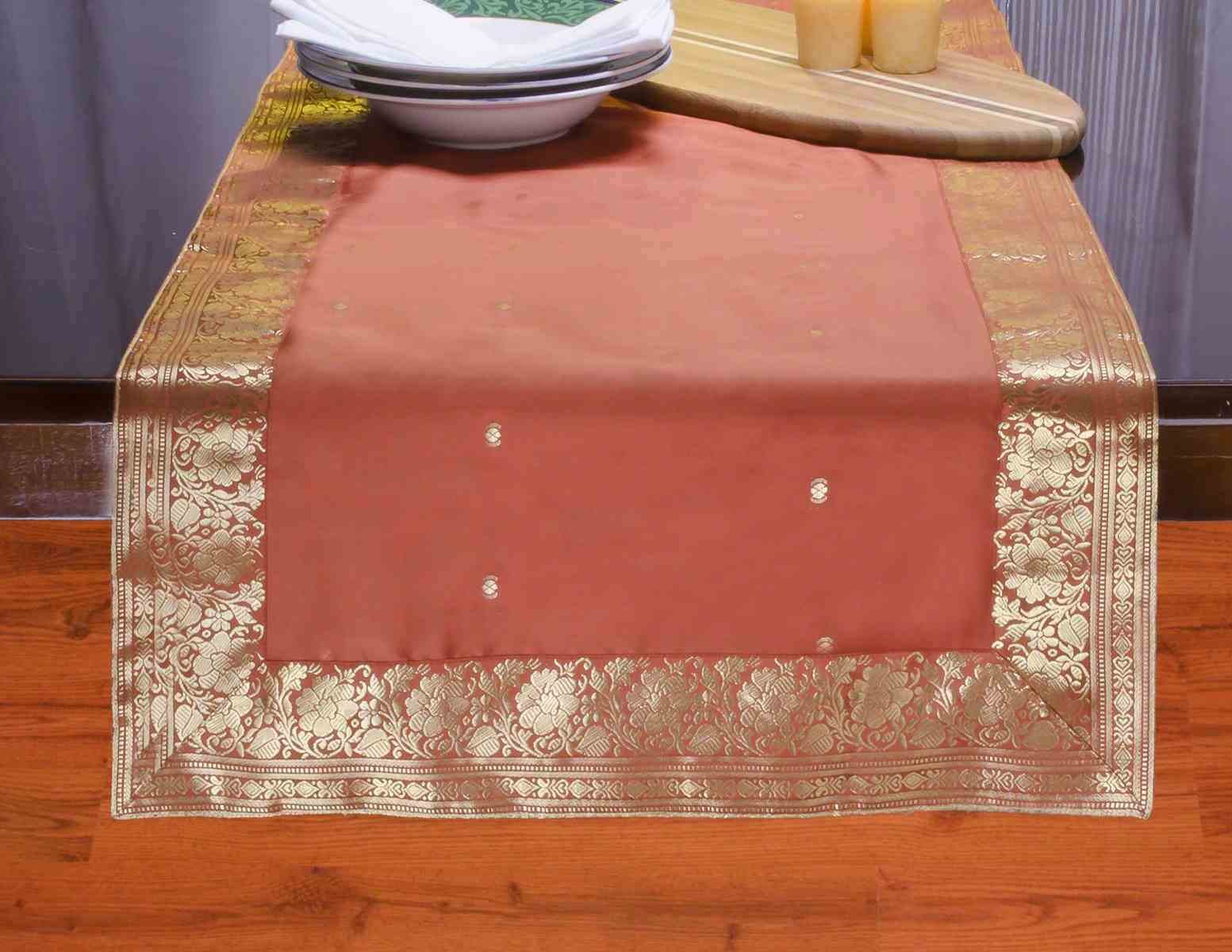 Handmade Indian Silk Sari Table Runner with Golden Borders - 18x108 Inches | Elegant Wedding Reception & Party Decor for Dining Table, Home Decor, and Special Occasions