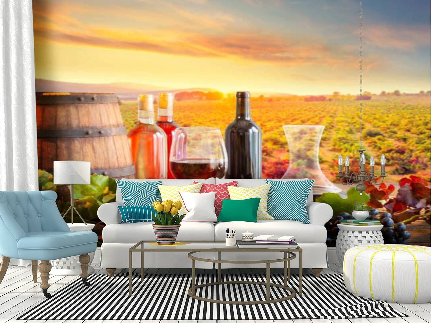 Vineyard Wallpaper Canvas Print - Self-Adhesive Peel & Stick Wall Mural with Wine Bottles, Glasses & Barrels - Home Decor for Living Room, Kitchen, Bar or Wine Cellar
