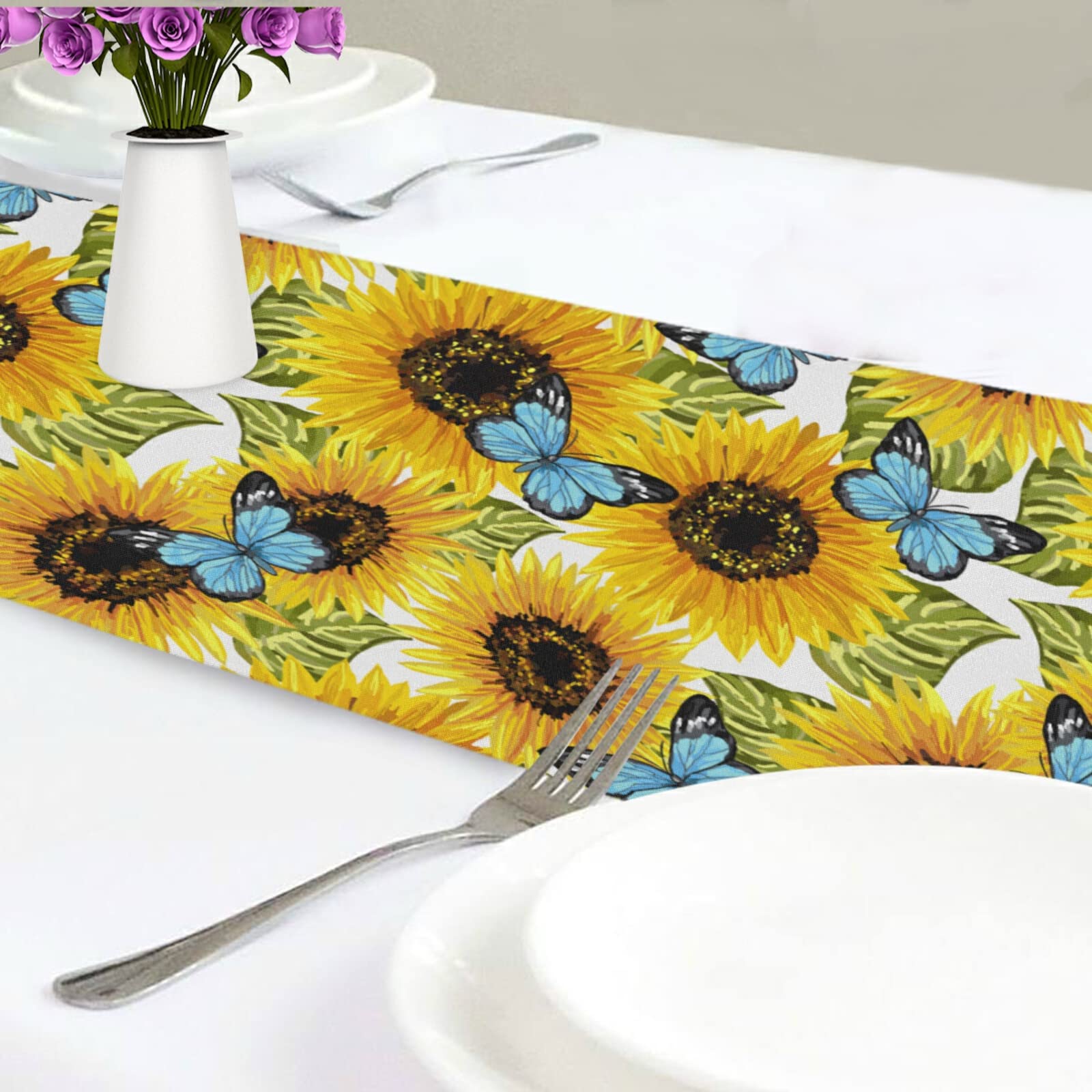 Exnundod 70 Inch Vintage Blue Retro Spring Sunflowers Butterfly Table Runner - Washable Dining Table Decor for Holidays, Home Parties & Kitchen (Perfect for Easter, Thanksgiving & Christmas Celebrations)