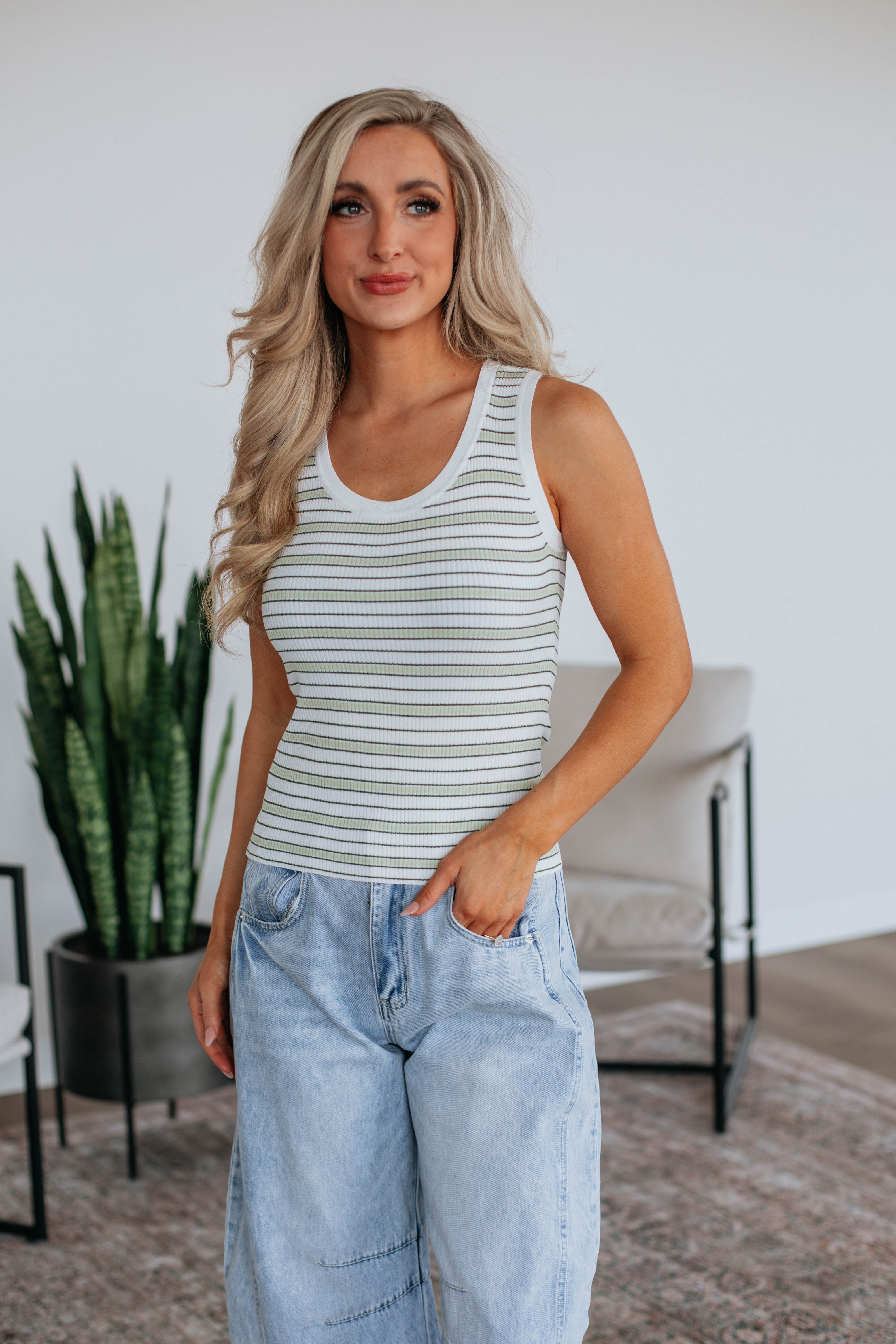 Jaeleigh Striped Tank Top - Olive Mix | Women's Casual Summer Sleeveless Shirt | Perfect for Beach, Vacation & Everyday Wear