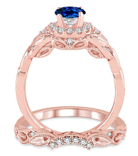 1.25 Carat Vintage Floral Bridal Set Engagement Ring with Sapphire & Moissanite in 10k Rose Gold - Perfect for Proposals, Weddings & Anniversary Gifts