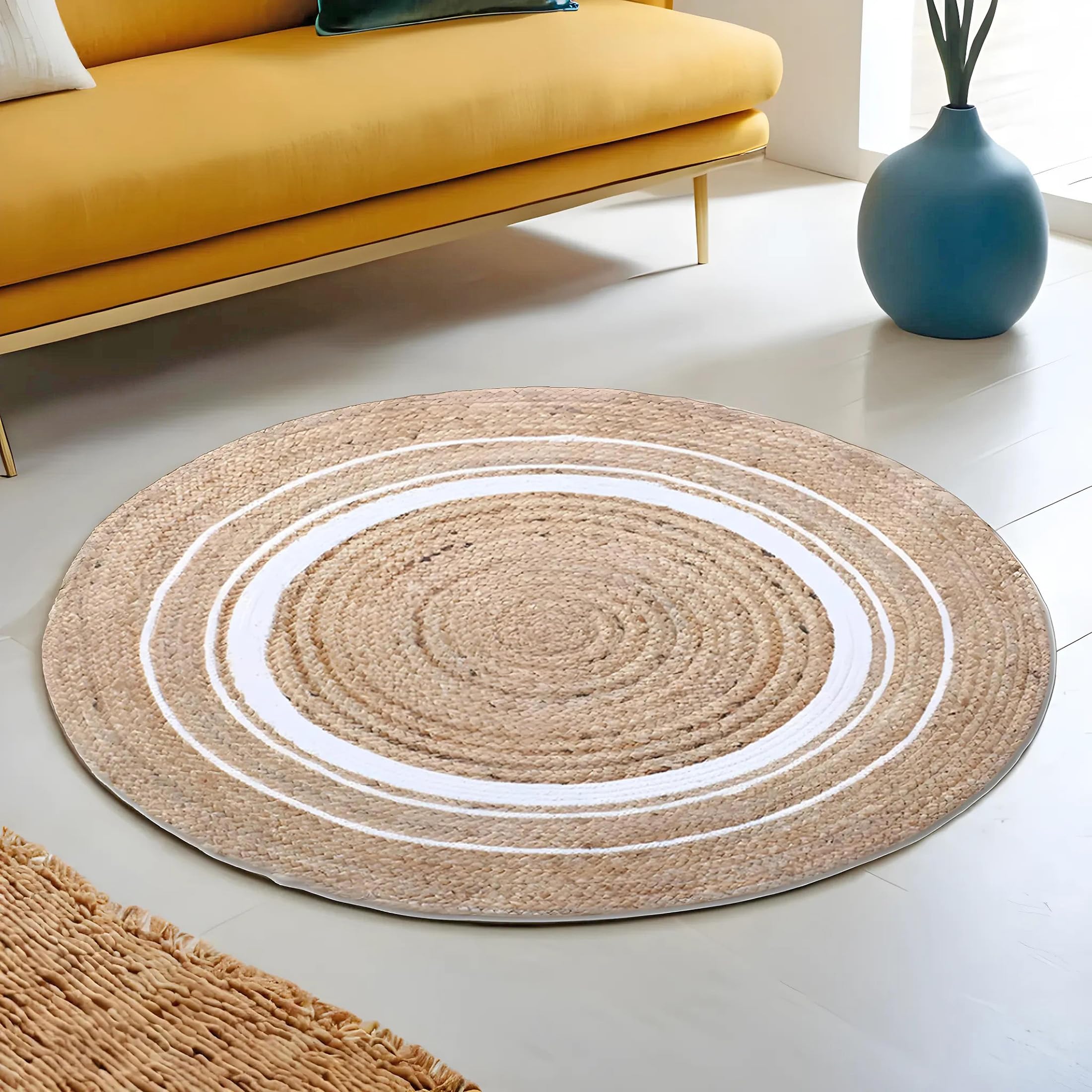 Kuber Industries Hand Woven Braided Jute Round Carpet Rug - 60x60 cm Spiral Design Natural Fiber Doormat for Bedroom, Living Room, Dining Room, Yoga & Meditation - Soft & Durable (White) | Perfect for Boho Home Decor, Entryway Floor Mat, Cozy Interior Accent