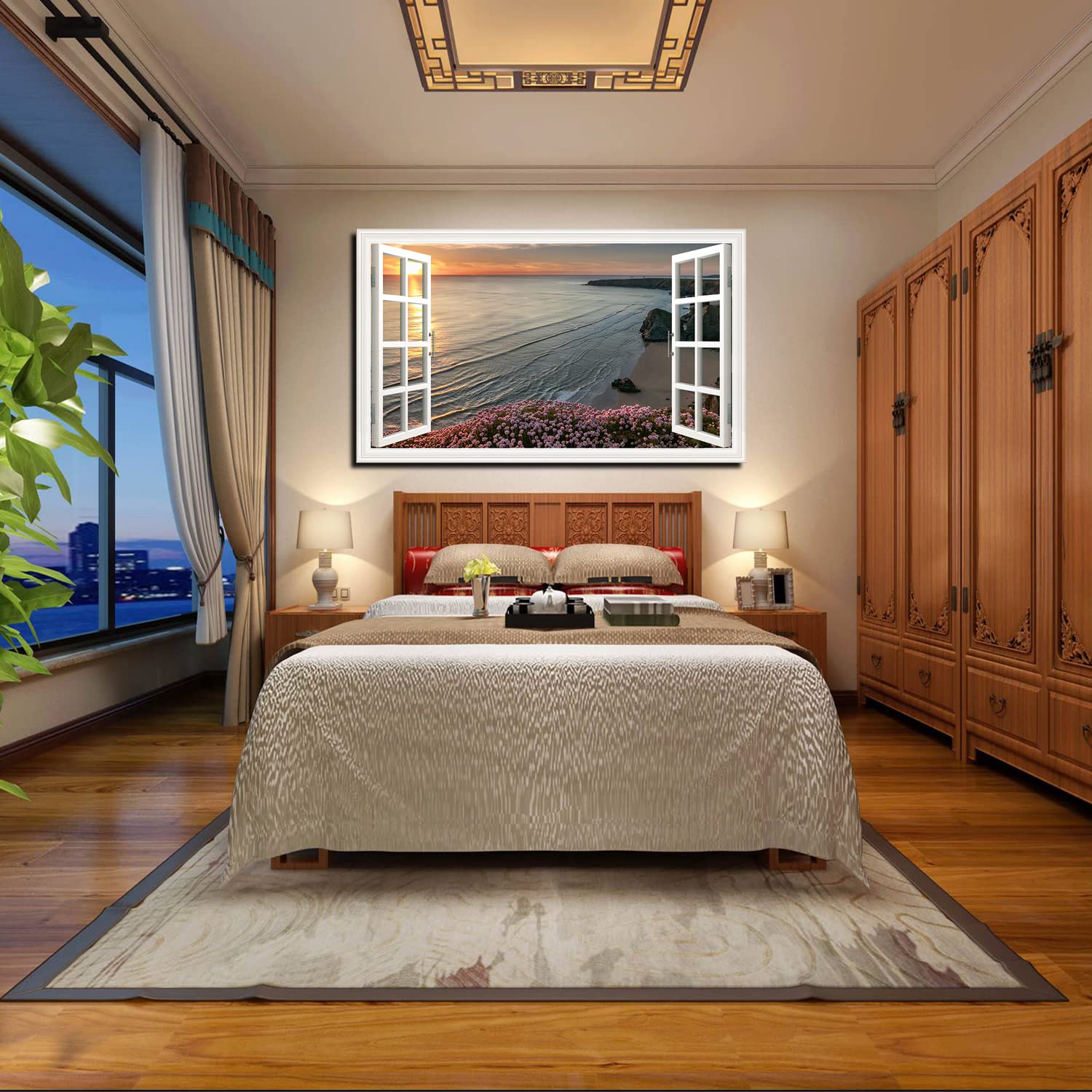 Stunning Beach Horizon Canvas Art - Fake Open Window Wall Decor - Framed Painting for Living Room, Office & Bedroom - Ready to Hang - Perfect for Coastal & Nautical Home Decor