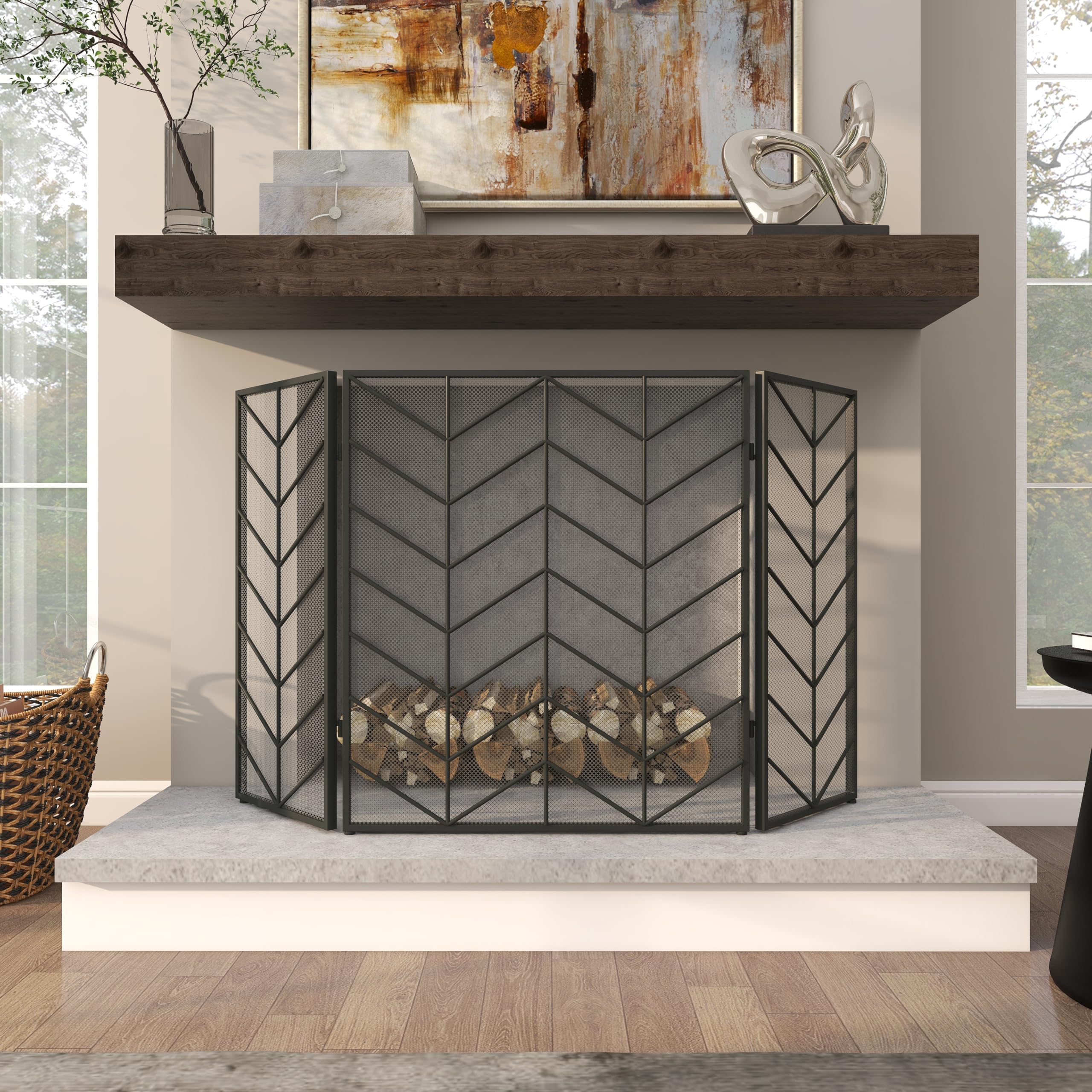 Deco 79 Black Metal Geometric Fireplace Screen - 52