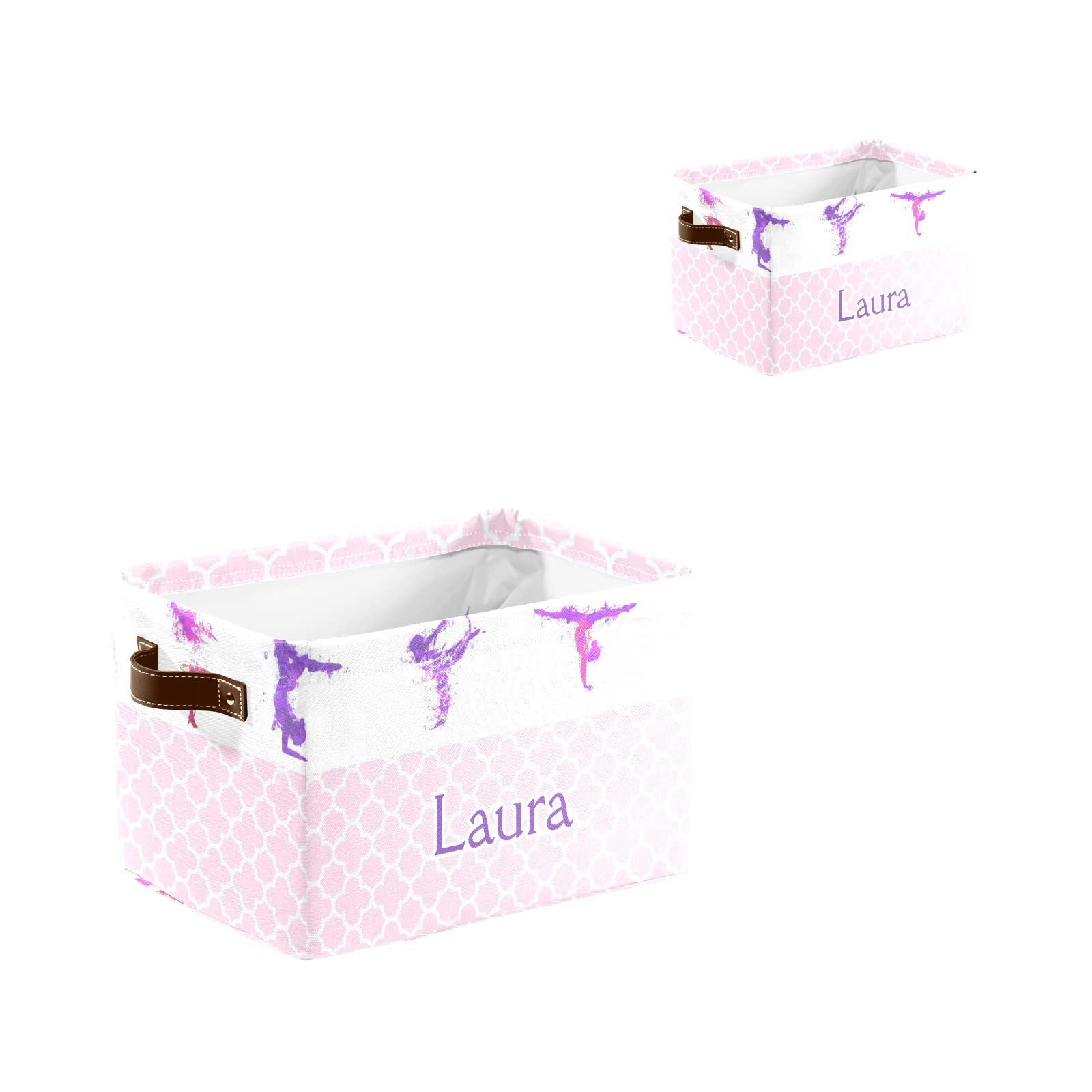 Personalized Pink & Purple Gymnastics Waterproof Storage Box - Custom Name Cloth Towel & Book Organizer for Bathroom, Office, Gym - 1 Pack | Perfect for Kids' Sports Gear & Home Organization