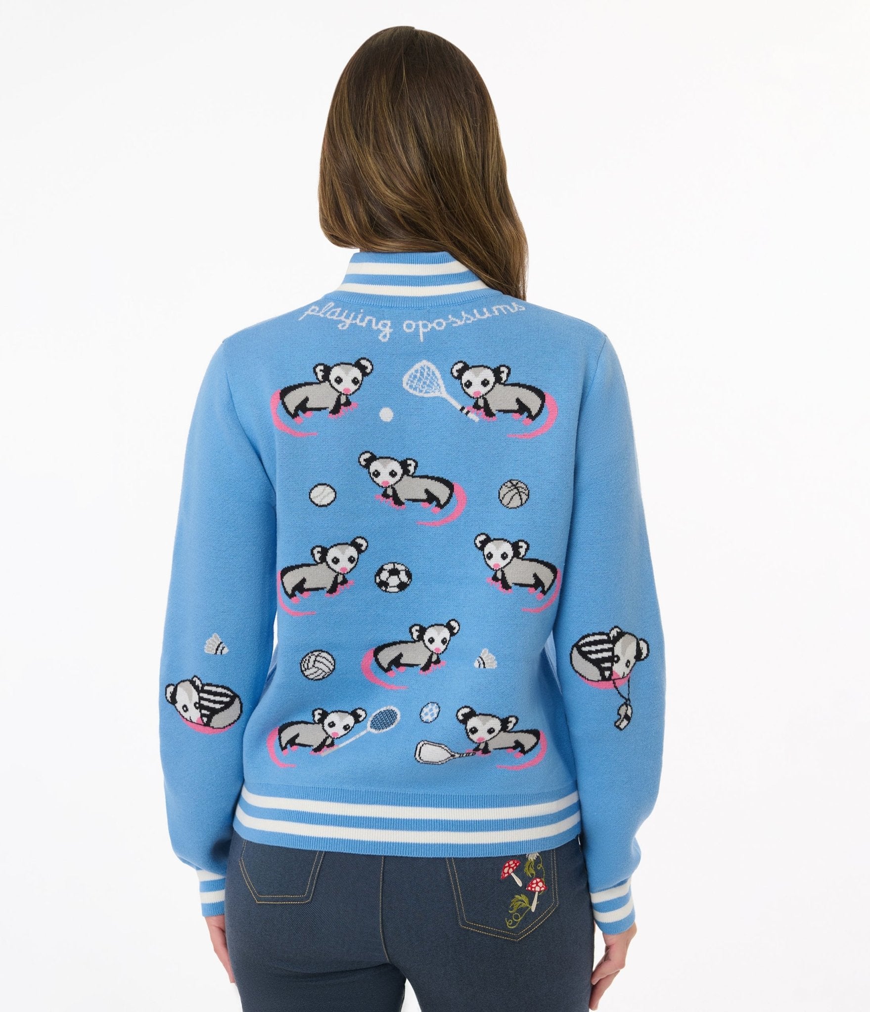 Sesame the Opossum Blue Varsity Sweater - Cute Cartoon Animal Hoodie for Women & Men | Cozy Pullover for College, Casual Wear & Gifts | Trendy Streetwear Fashion