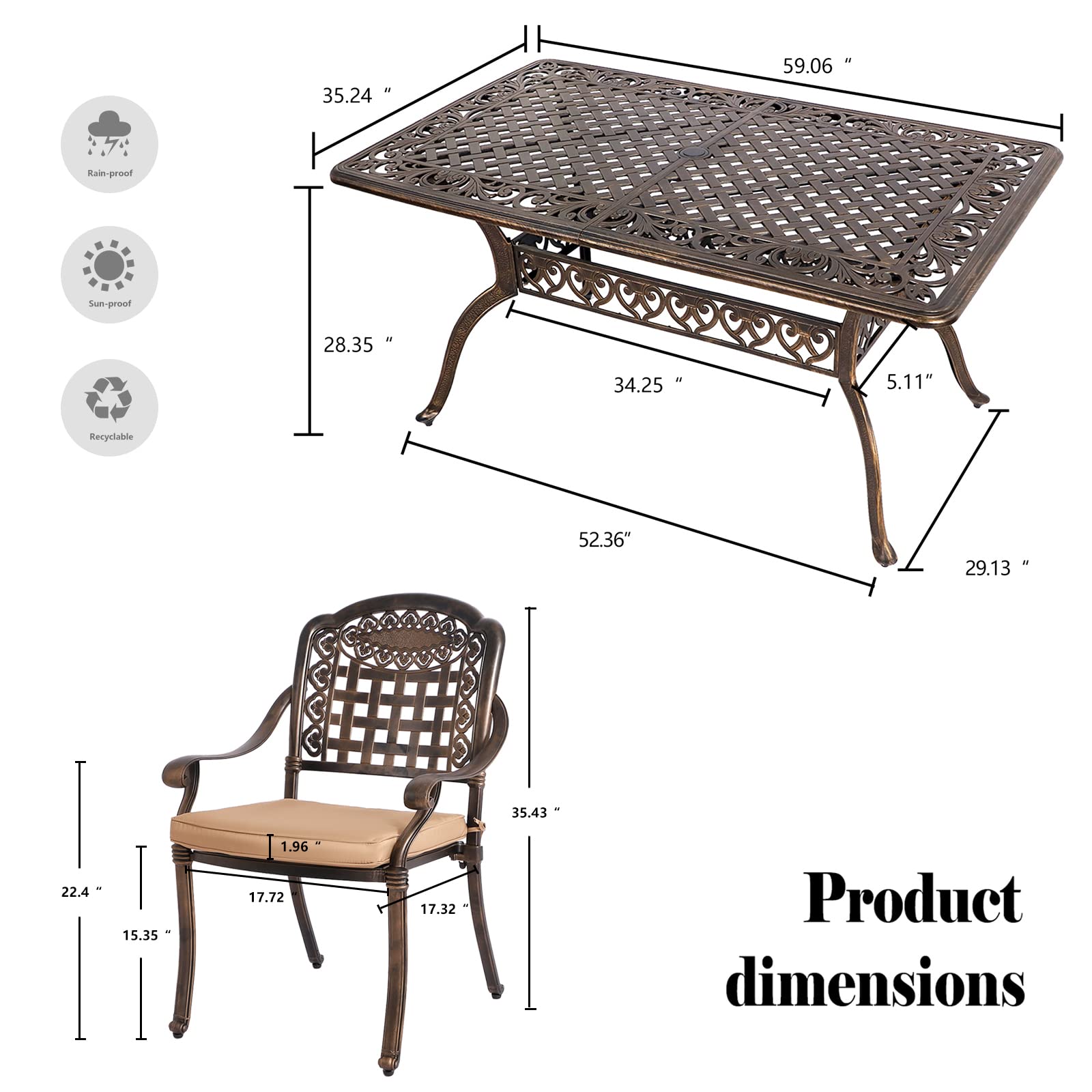 TITIMO 7-Piece Cast Aluminum Outdoor Dining Set - Rectangle Table & 6 Stackable Chairs for Patio, Backyard, Garden, Deck | Durable Weather-Resistant Furniture for Entertaining & Family Gatherings