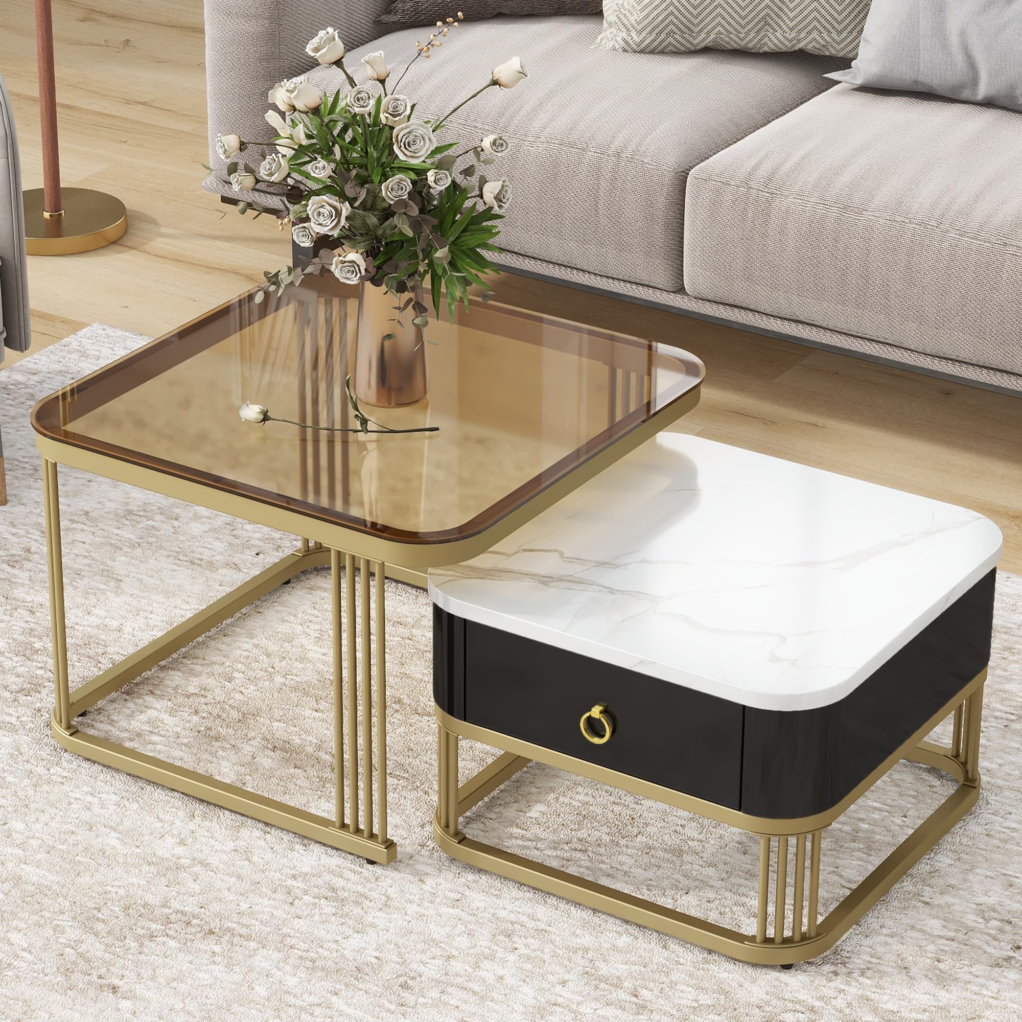 LUSPAZ 2-Piece Nesting Coffee Table Set with Drawer - Square Stackable Side Tables with Brown Tempered Glass & High Gloss Marble Grain Tabletop - Modern Living Room Furniture for Small Spaces, Apartments & Home Decor