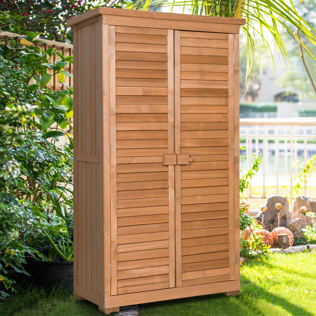 Goplus Outdoor Storage Cabinet - Weatherproof Wooden Shed with Lockable Latch, Adjustable Shelves & Durable Pitch Roof - Perfect Vertical Garden Tool Organizer for Backyard, Patio, Deck & Garage Storage (Ideal for Storing Lawn Equipment, Gardening Tools & Outdoor Accessories)
