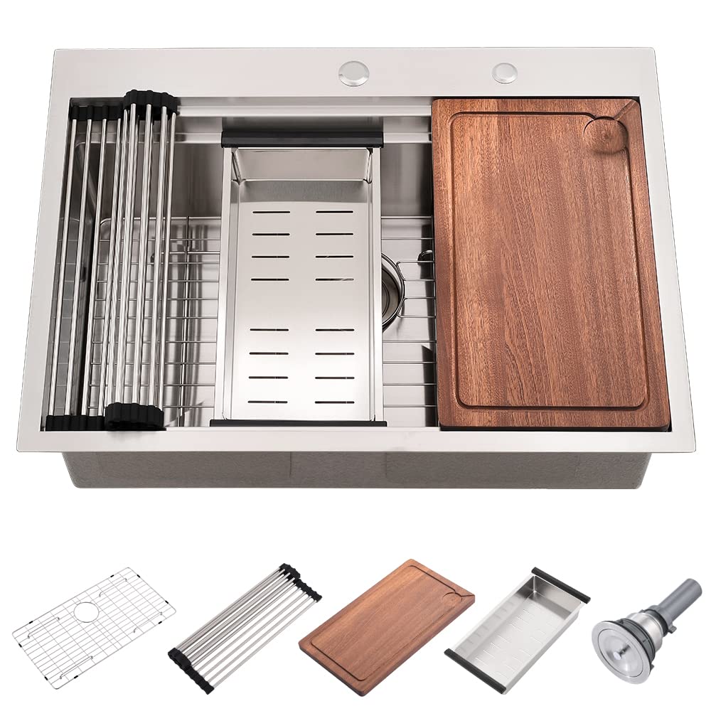 Wesliv 33 Inch Stainless Steel Kitchen Sink Workstation - Topmount Double Ledges Deep Single Bowl, 16 Gauge Overmount Sink for Modern Kitchens, Ideal for Meal Prep and Dishwashing