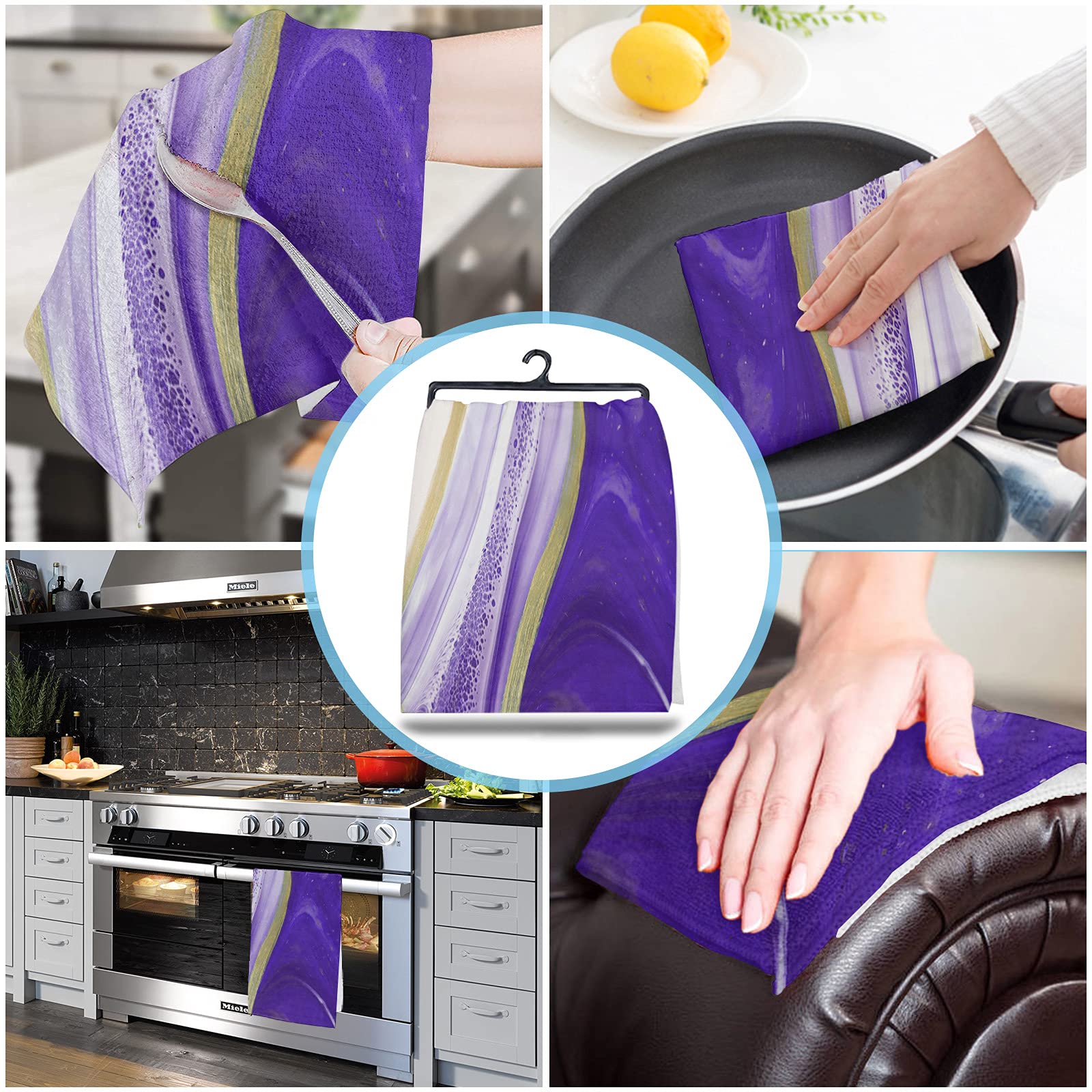 Premium 2-Pack Super Absorbent Microfiber Dish Towels - Ombre Purple Marble Gradient Pattern, Soft Kitchen & Bathroom Hand Towels for Cleaning, Dishes & Bar Use - Ideal for Drying, Wiping & Decorating