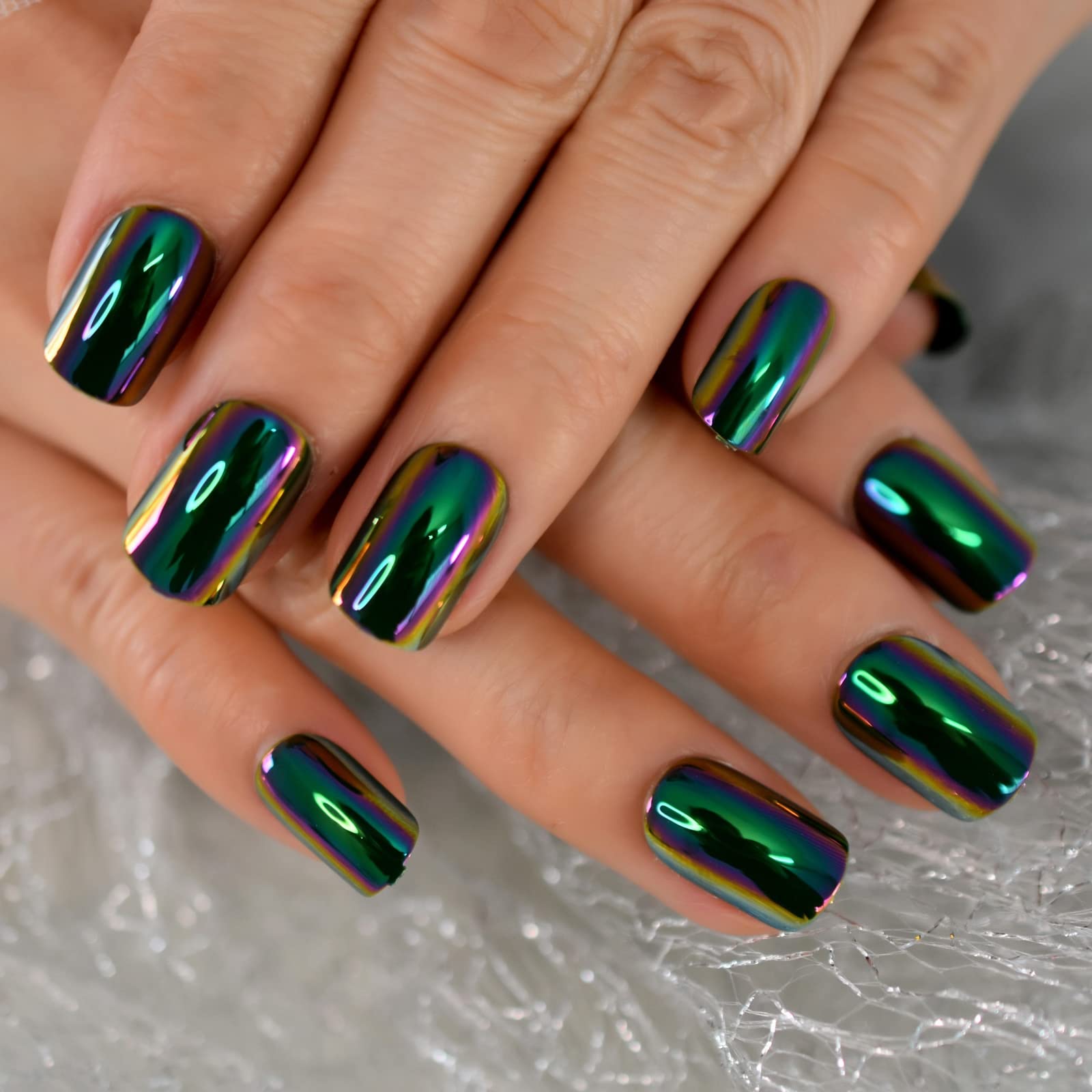 Reusable Green Square Short False Nails - Mirror Chrome & Holographic Magic Reflection Effect - Perfect for Parties, Cosplay, and Special Occasions