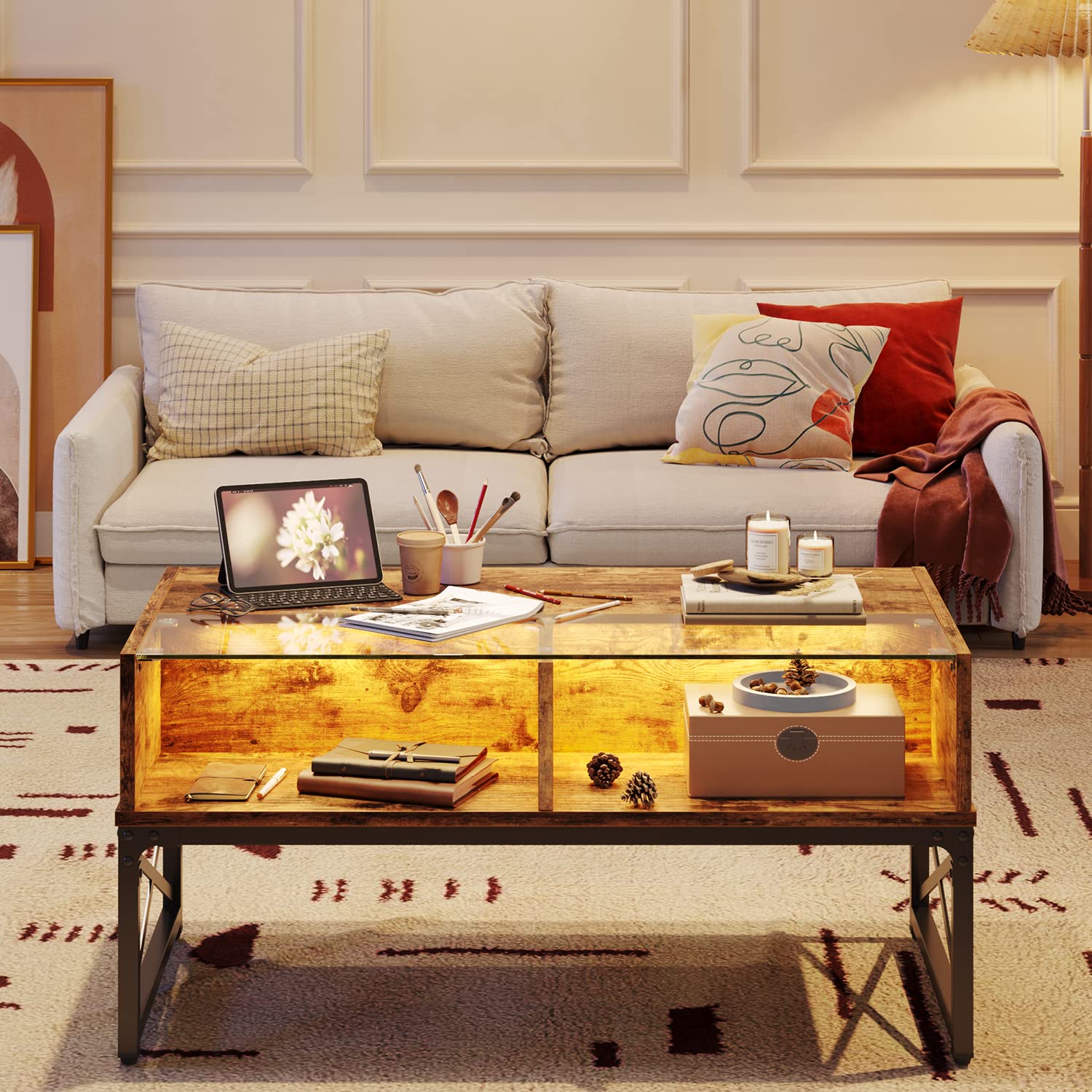 Bestier 42 Inch LED Coffee Table with Storage - Modern Farmhouse Style Wooden Center Table for Living Room, Home Office & Gaming | Rustic Brown Finish | Perfect for Entertaining, Remote Work & Game Nights